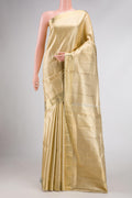 Gold Dual Tone Kanjivaram Tissue Silk Saree with Zari Brocade on the body and Zari Border.  displayed on a mannequin