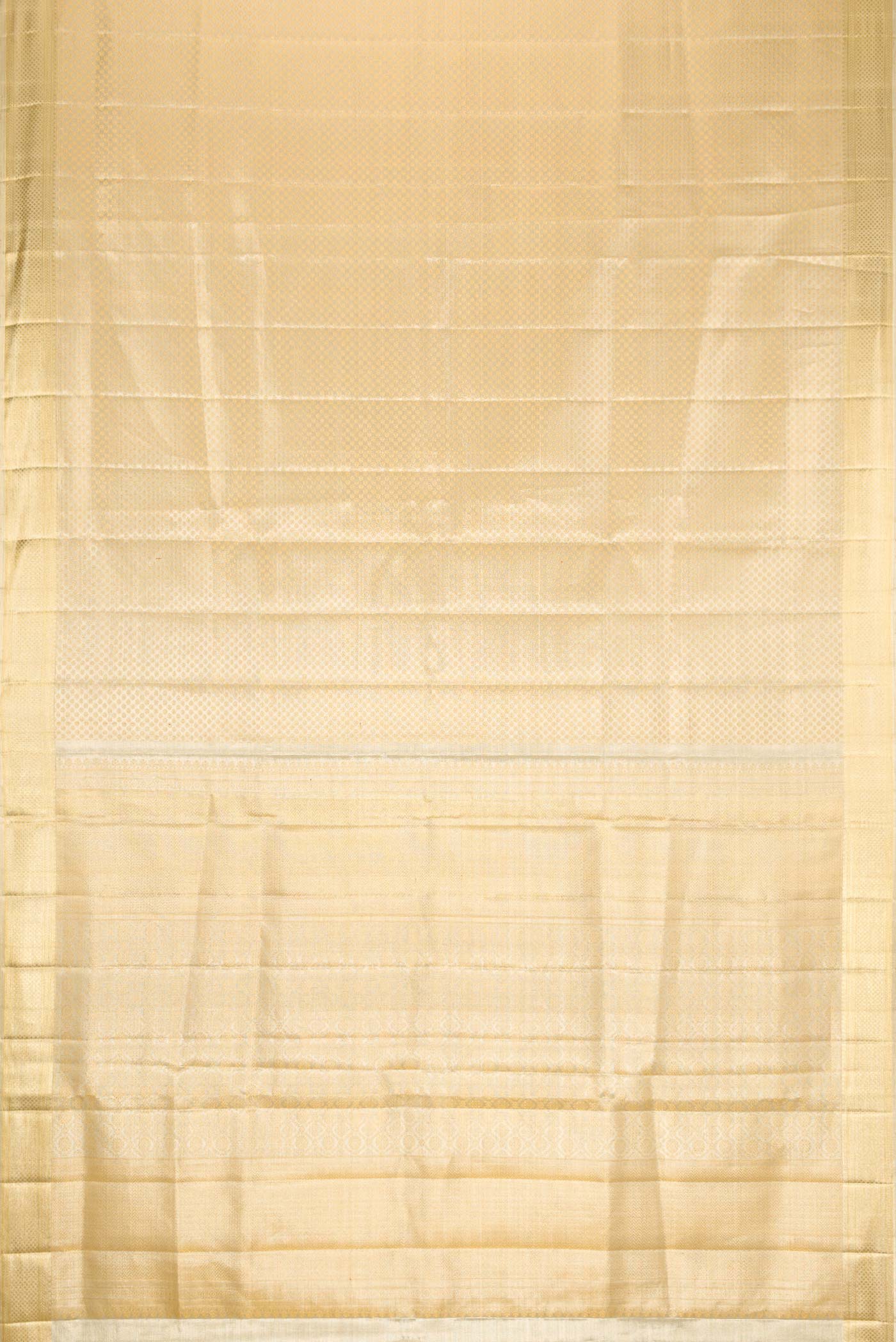Flat view of Gold Dual Tone Kanjivaram Tissue Silk Saree with Zari Brocade on the body and Zari Border. 