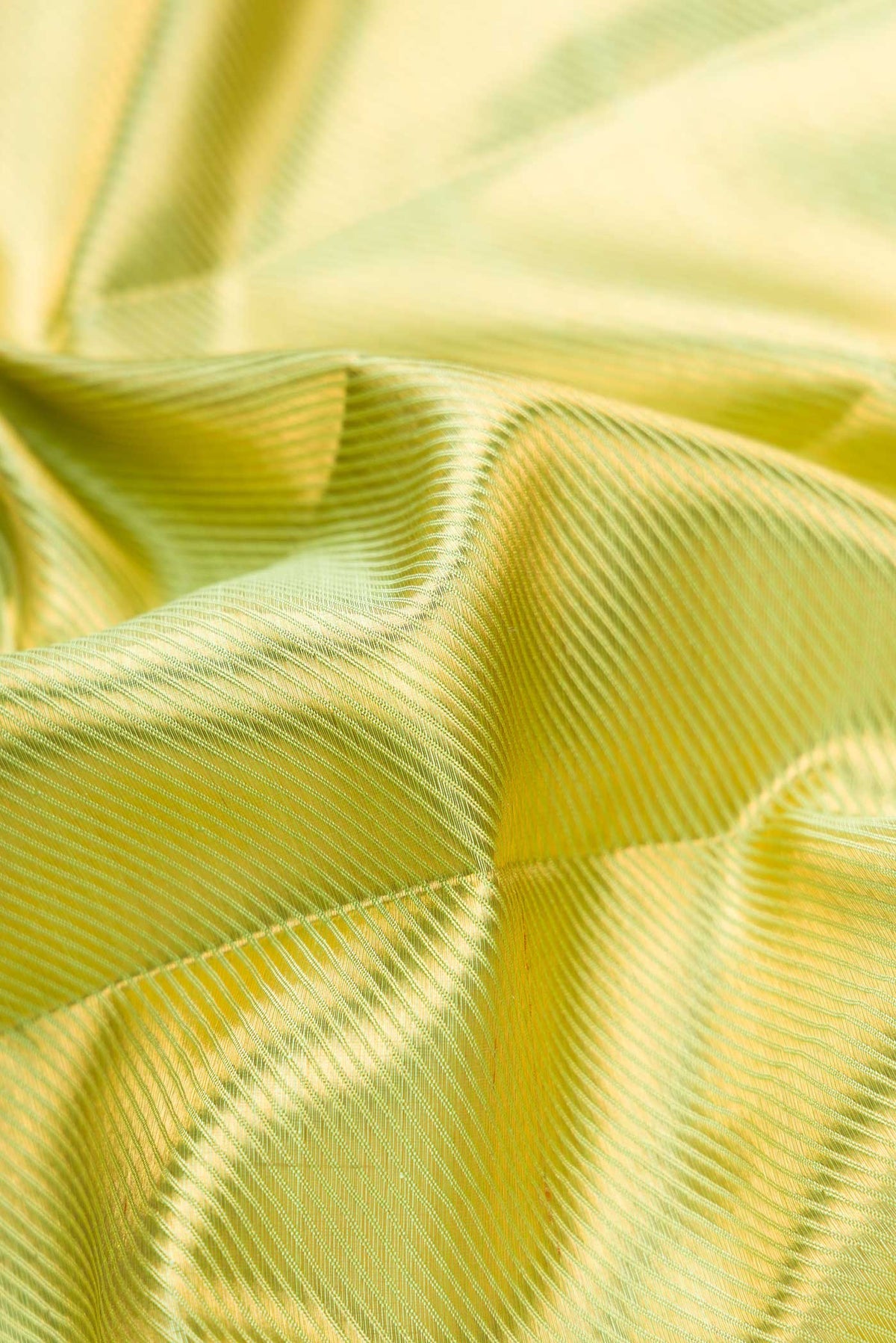Close up of Pista Green Dual Tone Kanjivaram Silk Saree with Zari Brocade on the body and Zari Border.  displaying folds