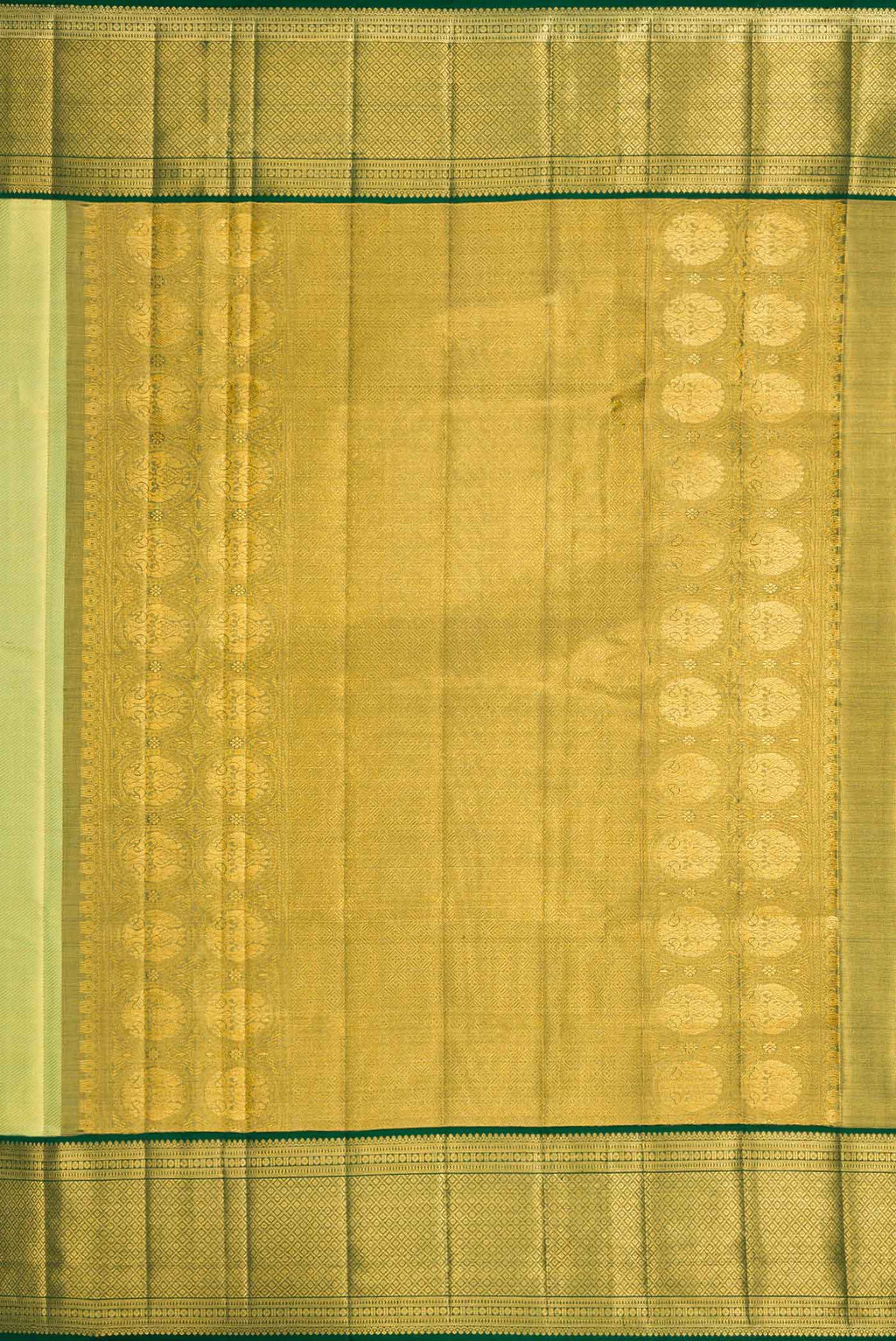 Close up image of the pallu of Pista Green Dual Tone Kanjivaram Silk Saree with Zari Brocade on the body and Zari Border. 