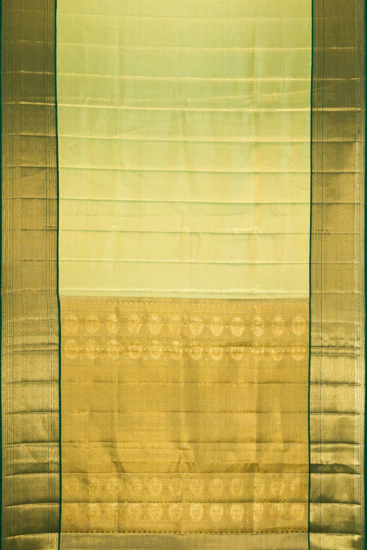 Flat view of Pista Green Dual Tone Kanjivaram Silk Saree with Zari Brocade on the body and Zari Border. 