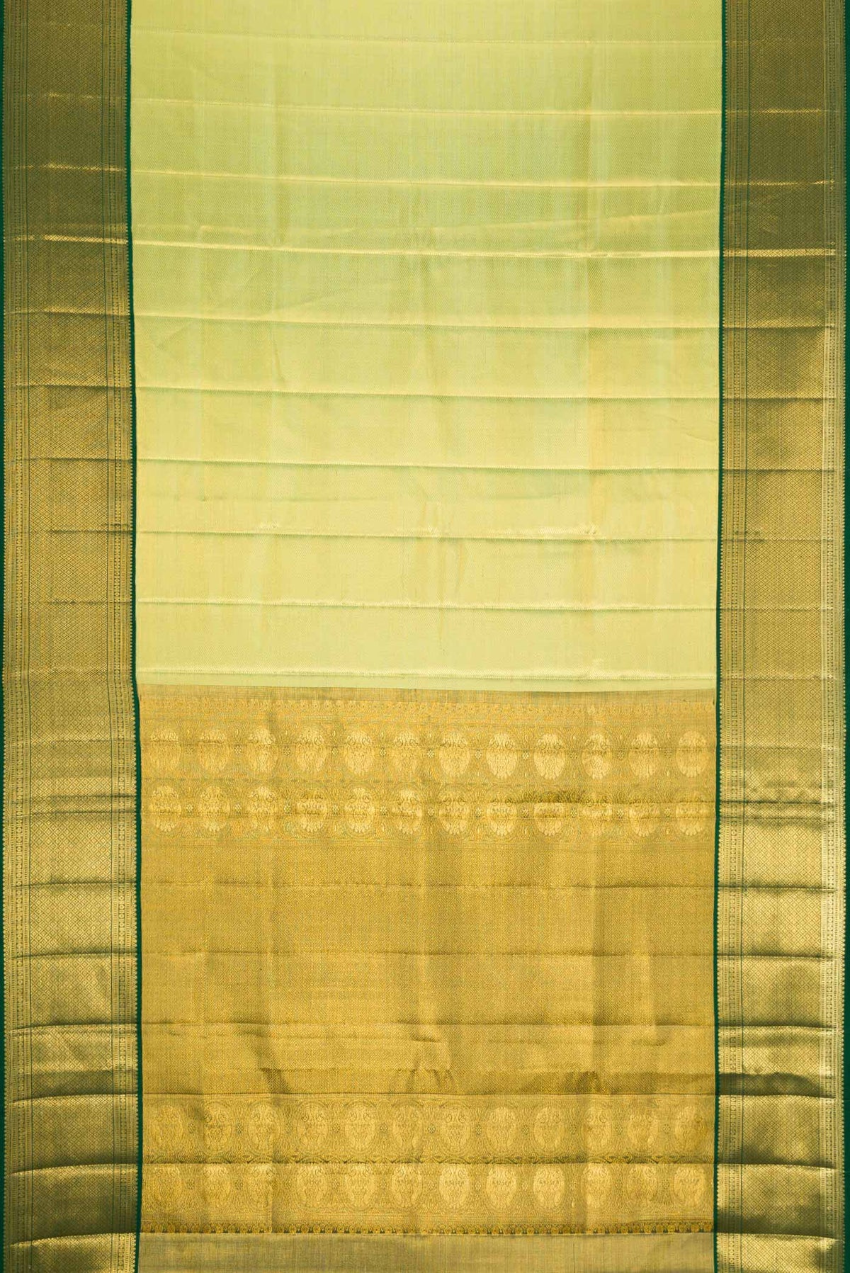 Flat view of Pista Green Dual Tone Kanjivaram Silk Saree with Zari Brocade on the body and Zari Border. 