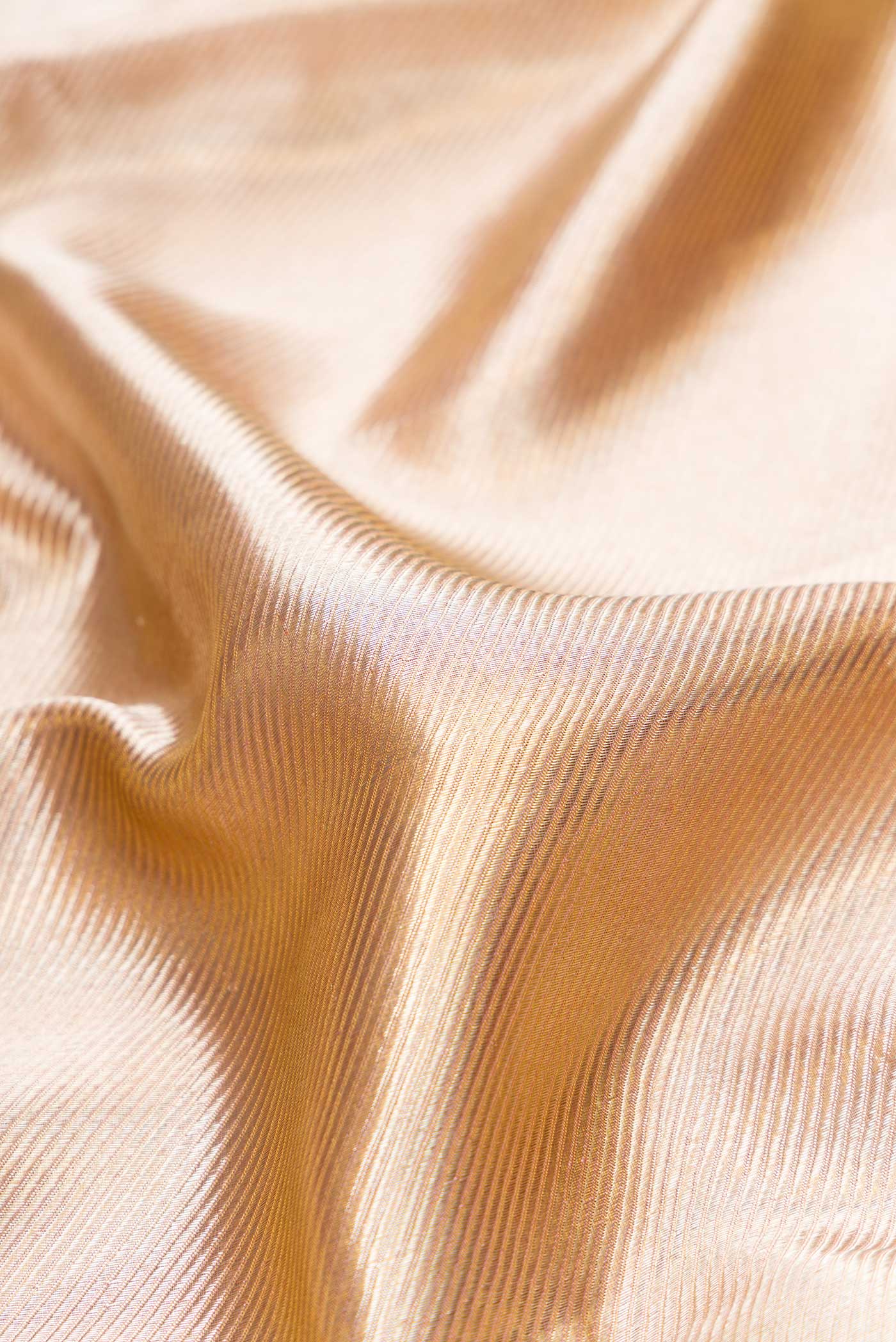 Close up of Rose Gold Dual Tone Kanjivaram Tissue Silk Saree with Zari Brocade on the body and Zari Border.  displaying folds