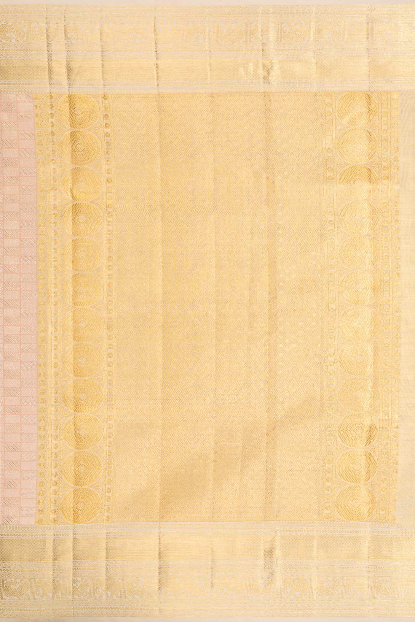 Close up image of the pallu of Rose Gold Dual Tone Kanjivaram Silk Saree with Zari Brocade on the body and Zari Border. 