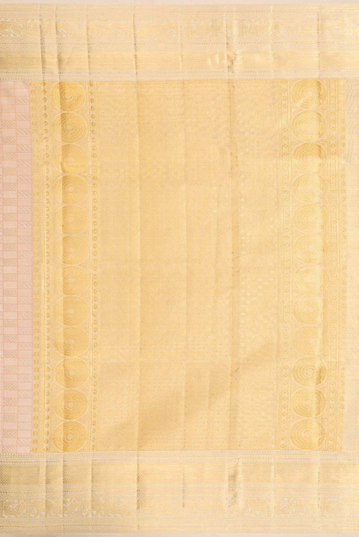 Close up image of the pallu of Rose Gold Dual Tone Kanjivaram Silk Saree with Zari Brocade on the body and Zari Border. 