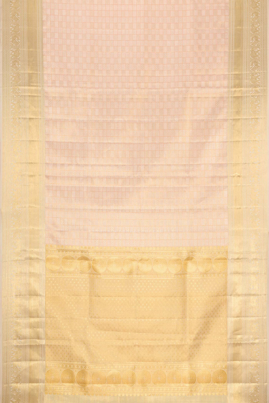 Flat view of Rose Gold Dual Tone Kanjivaram Silk Saree with Zari Brocade on the body and Zari Border. 