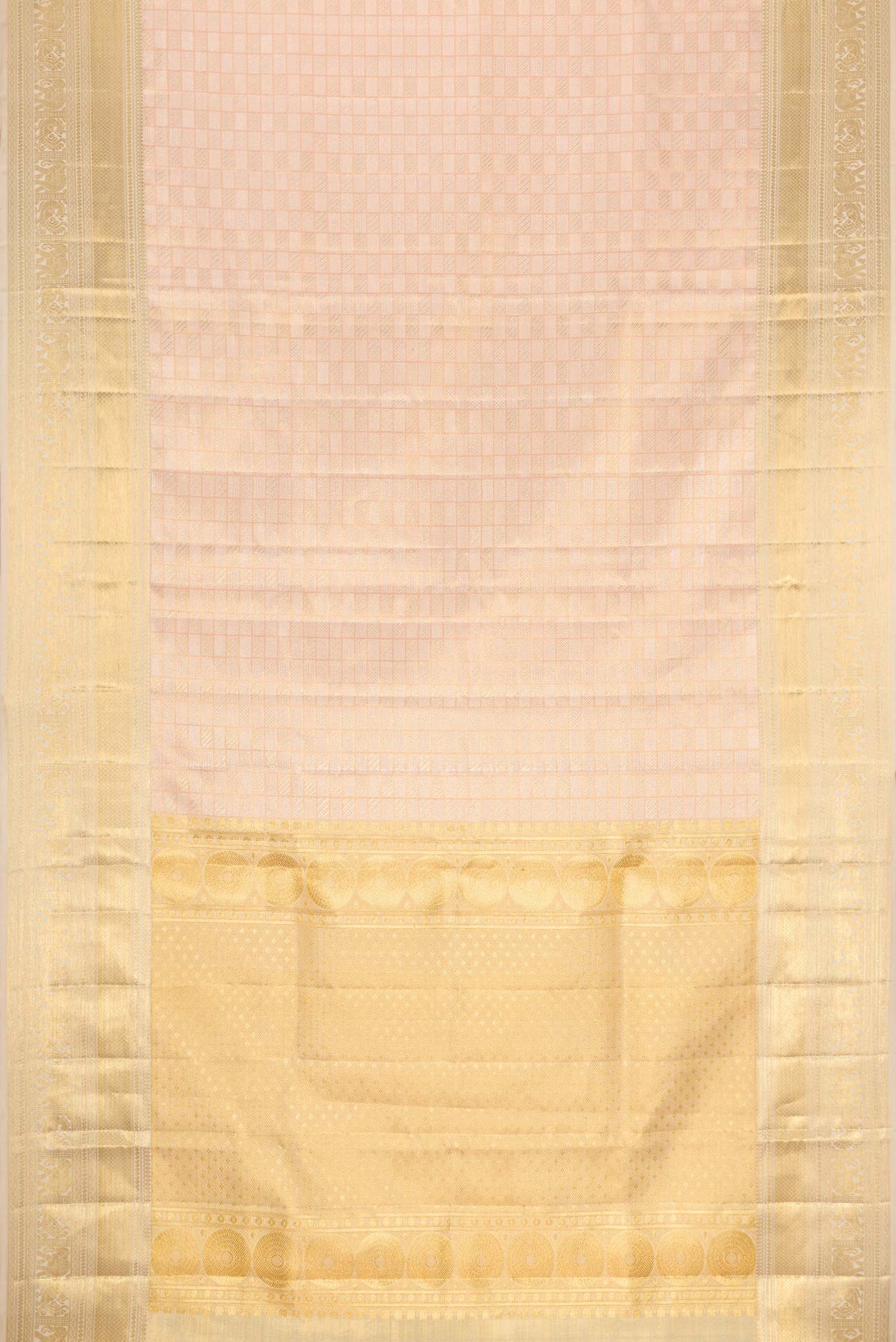Flat view of Rose Gold Dual Tone Kanjivaram Silk Saree with Zari Brocade on the body and Zari Border. 