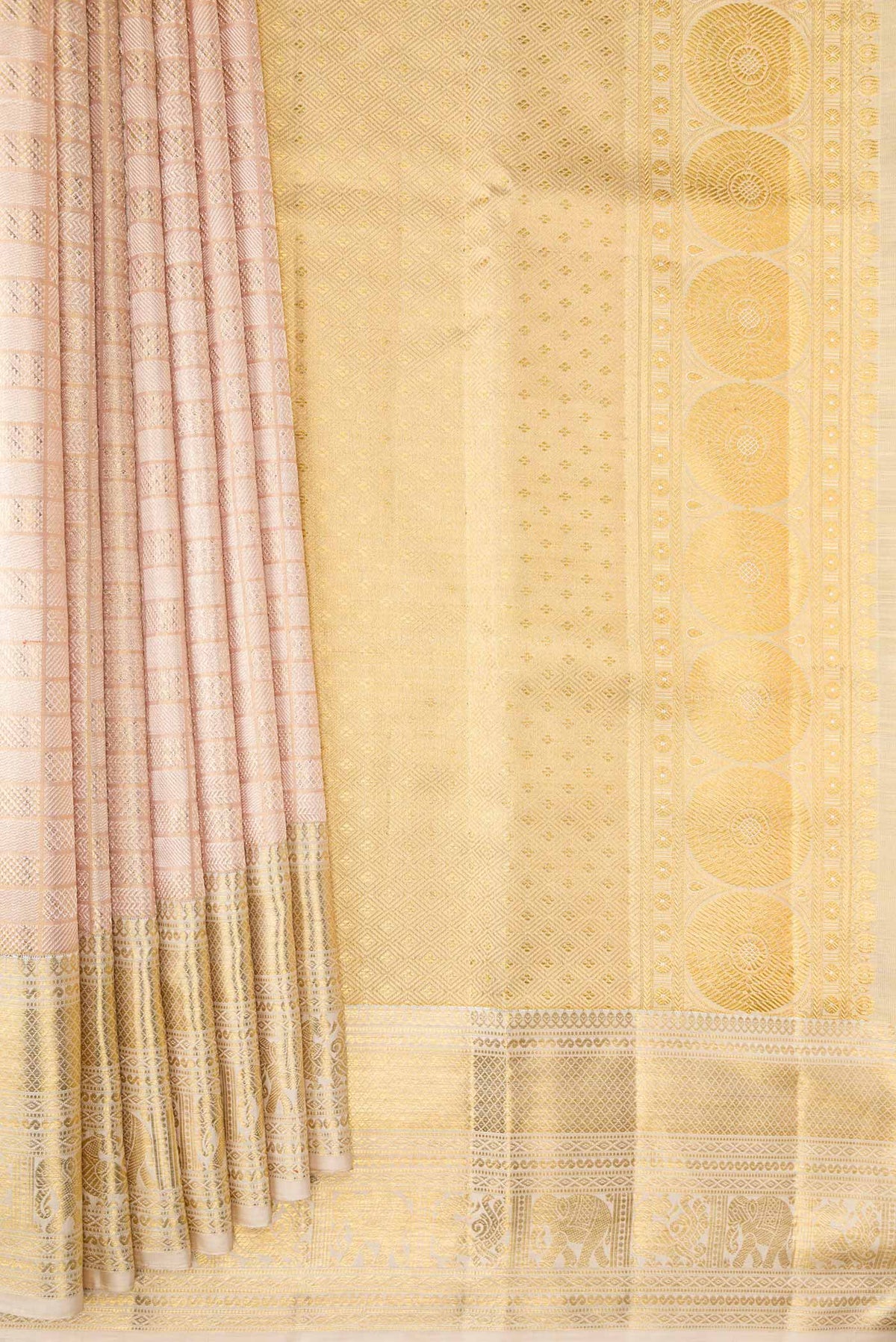 Pleats and pallu of Rose Gold Dual Tone Kanjivaram Silk Saree with Zari Brocade on the body and Zari Border. 