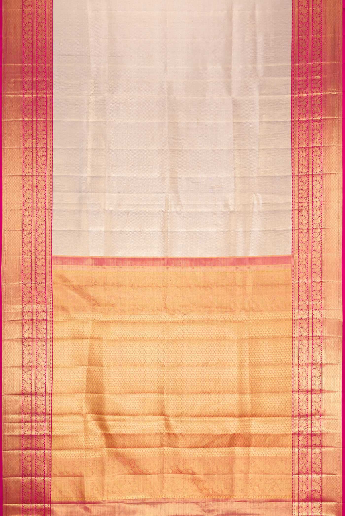 Flat view of Rose Gold Dual Tone Kanjivaram Tissue Silk Saree with Zari Brocade on the body and Zari Border. 