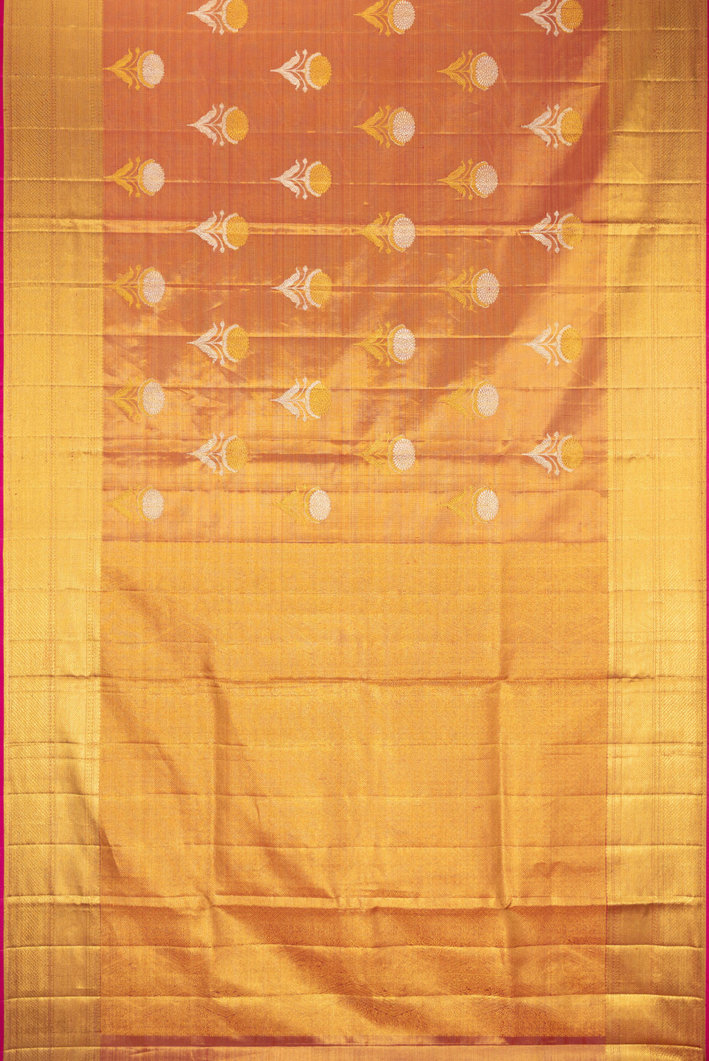 Flat view of Rose Gold Dual Tone Kanjivaram Tissue Silk Saree with Zari Brocade on the body and Zari Border. 