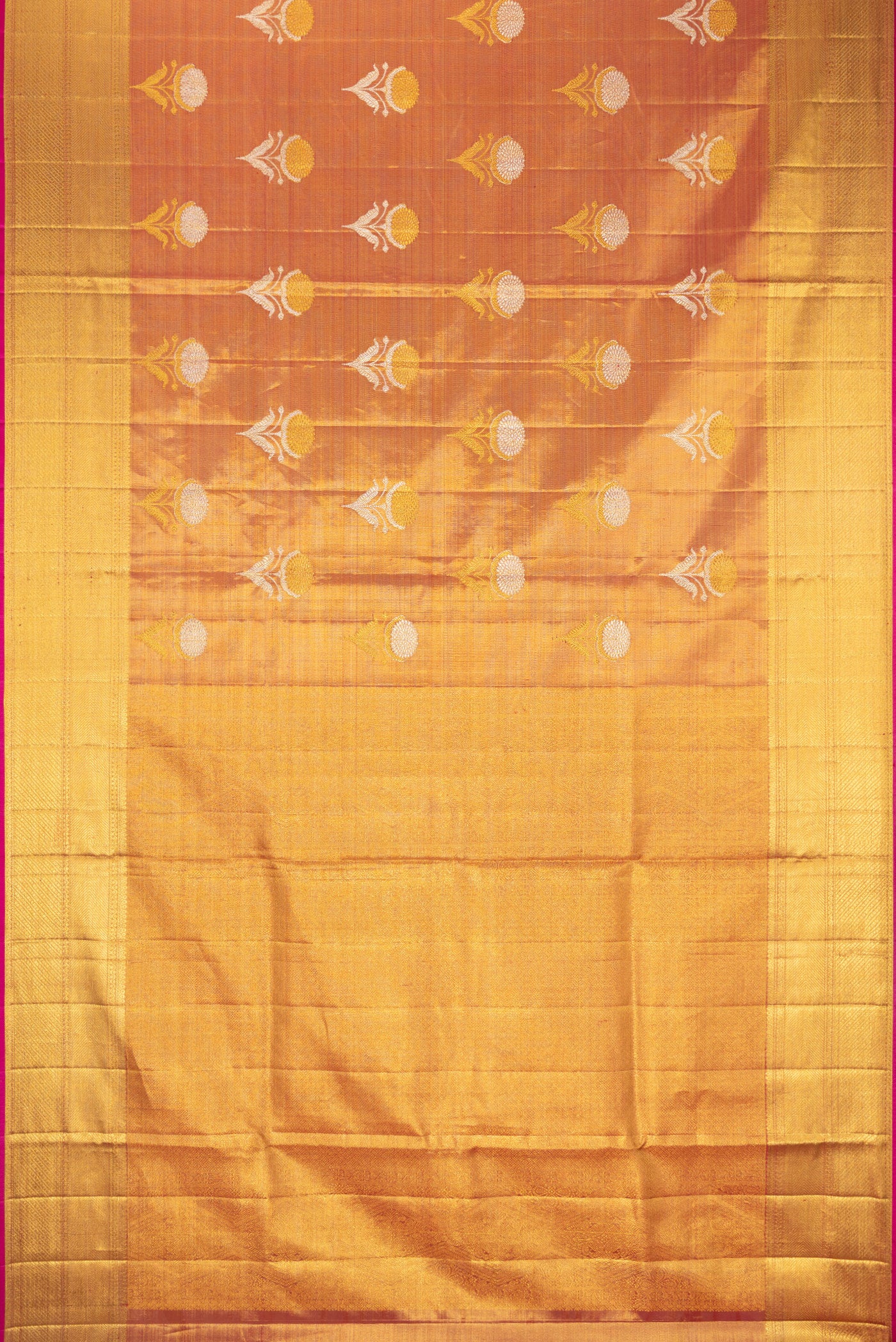Flat view of Rose Gold Dual Tone Kanjivaram Tissue Silk Saree with Zari Brocade on the body and Zari Border. 