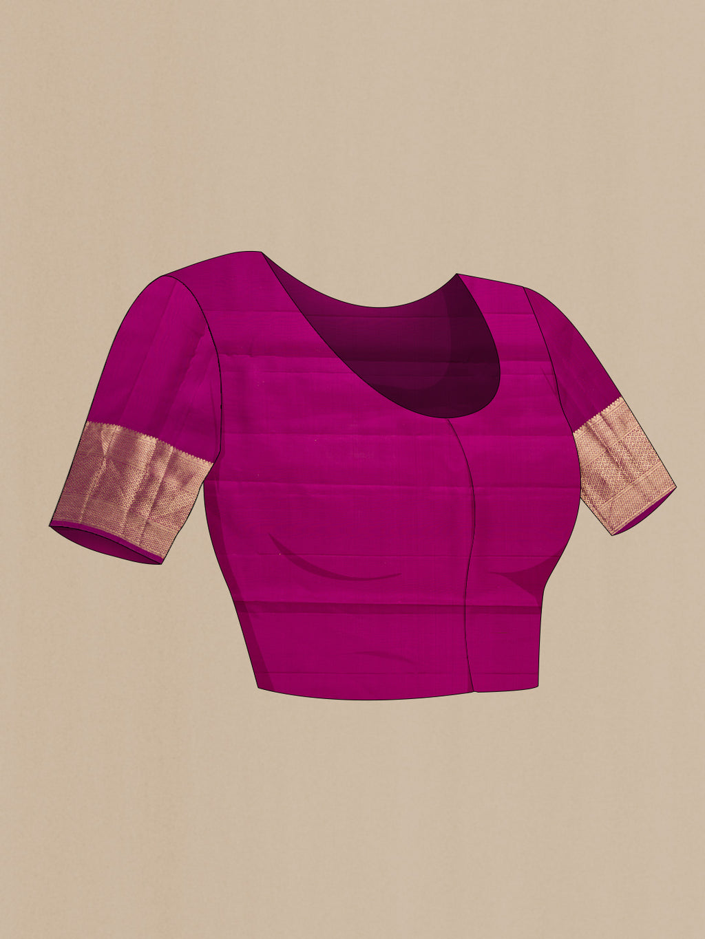 Close up image of the blouse of Magenta Dual Tone Kanjivaram Silk Saree with Zari Brocade on the body and Zari Border. 