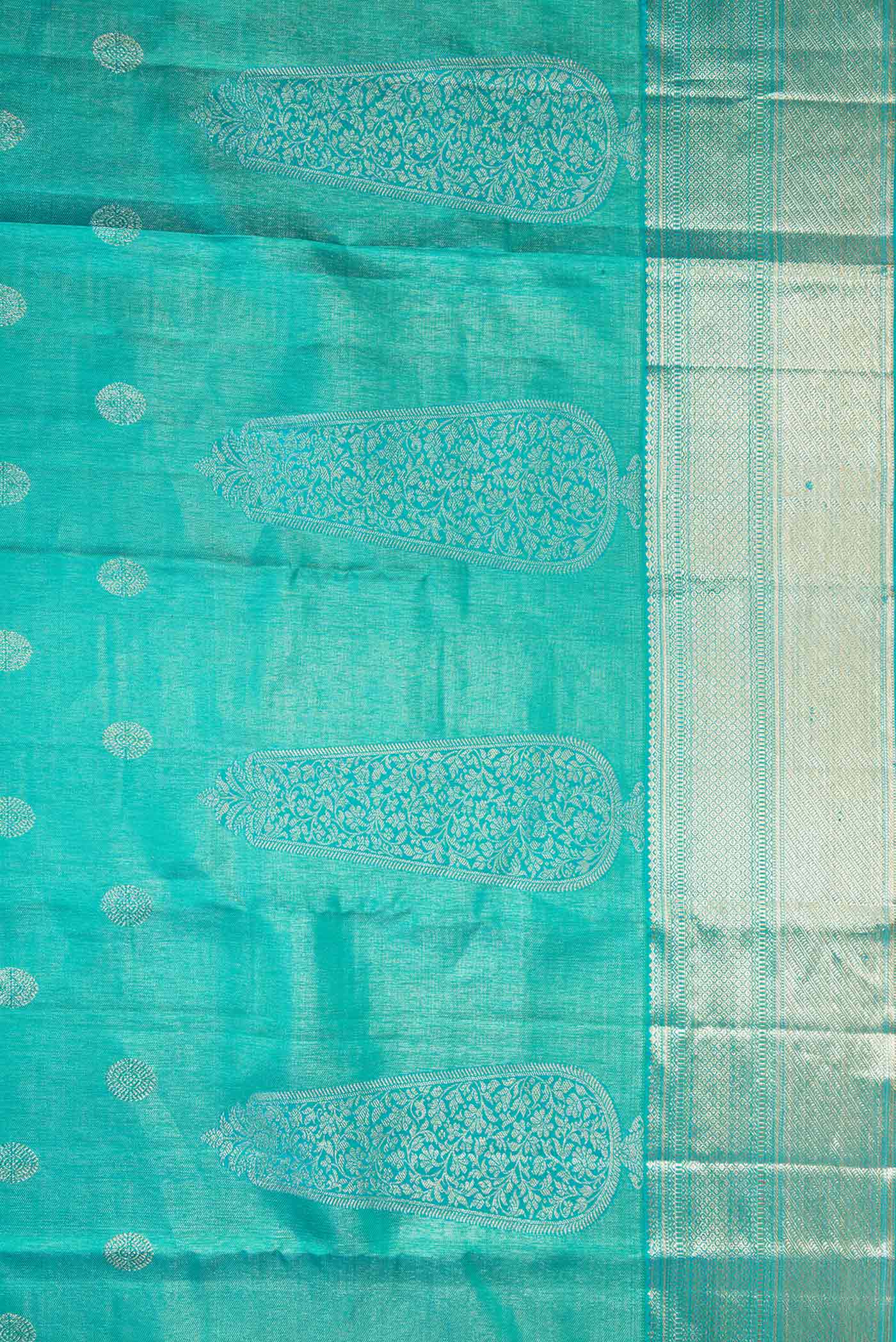 Border image of Peacock Blue Dual Tone Kanjivaram Silk Saree with Zari Brocade on the body and Zari Border. 