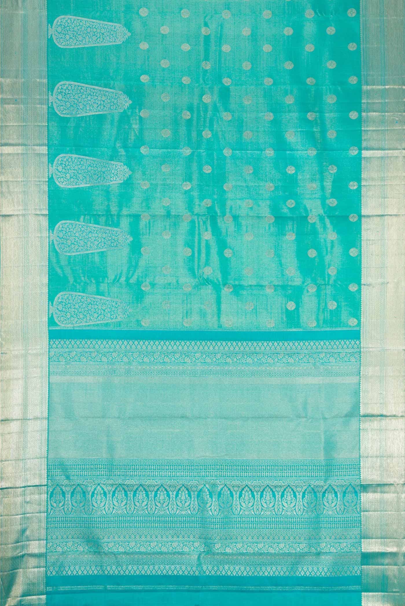 Flat view of Peacock Blue Dual Tone Kanjivaram Silk Saree with Zari Brocade on the body and Zari Border. 