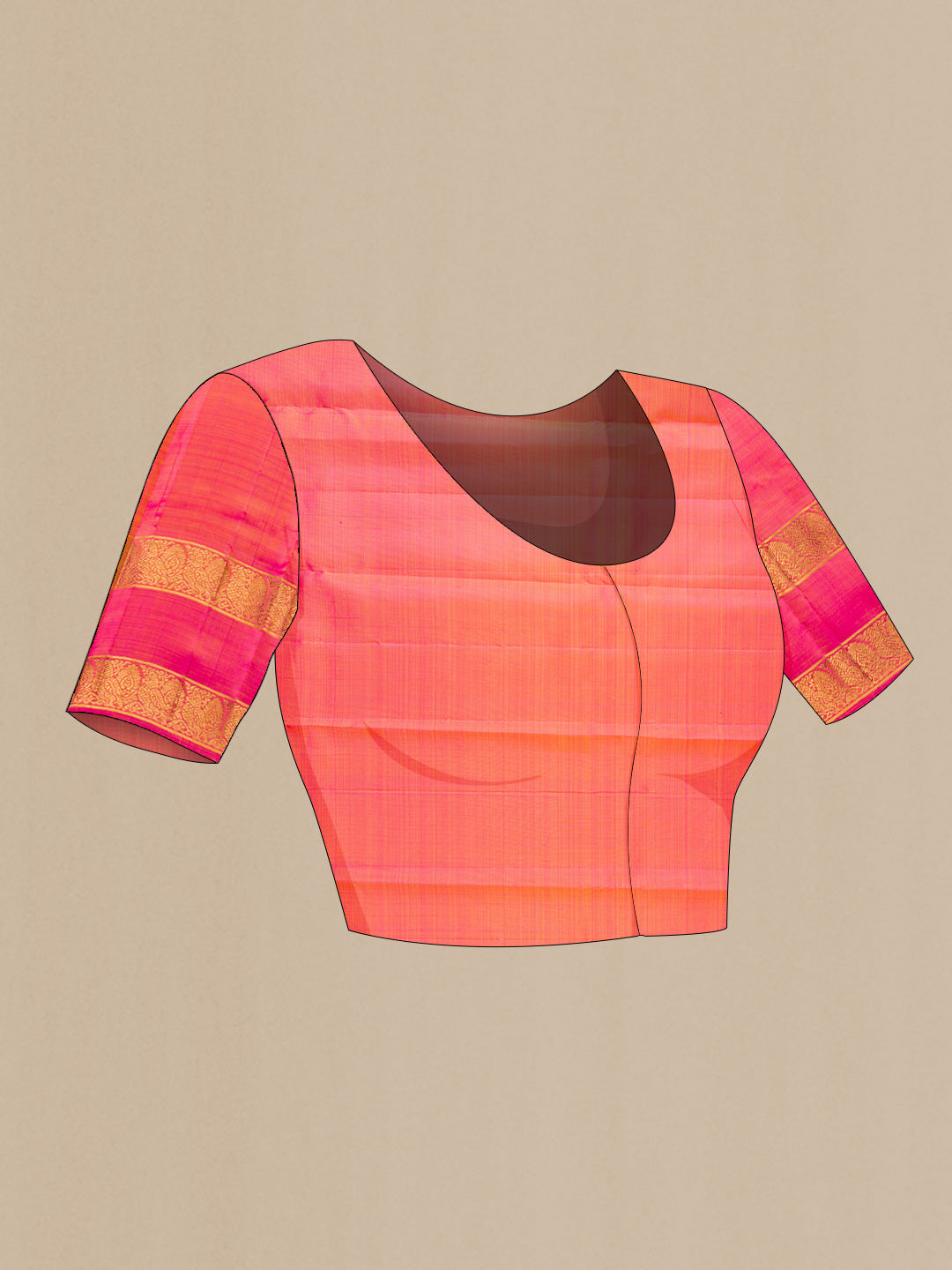 Close up image of the blouse of Mustard Dual Tone Kanchipuram Silk Saree with Stripes on the body and Zari Border. 