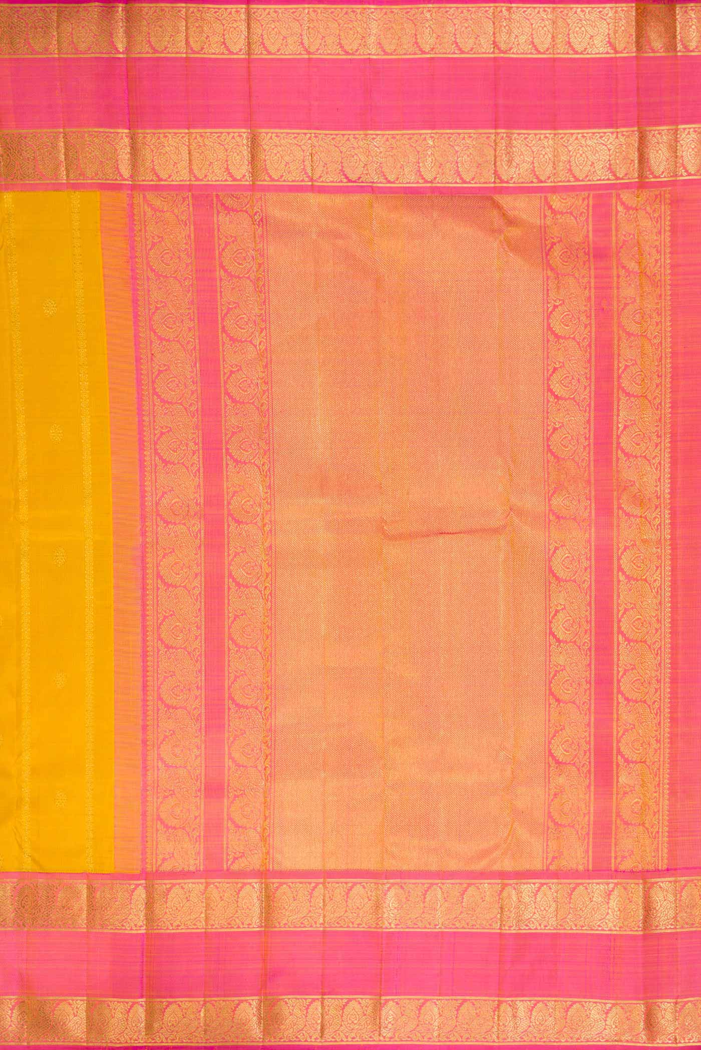 Close up image of the pallu of Mustard Dual Tone Kanchipuram Silk Saree with Stripes on the body and Zari Border. 