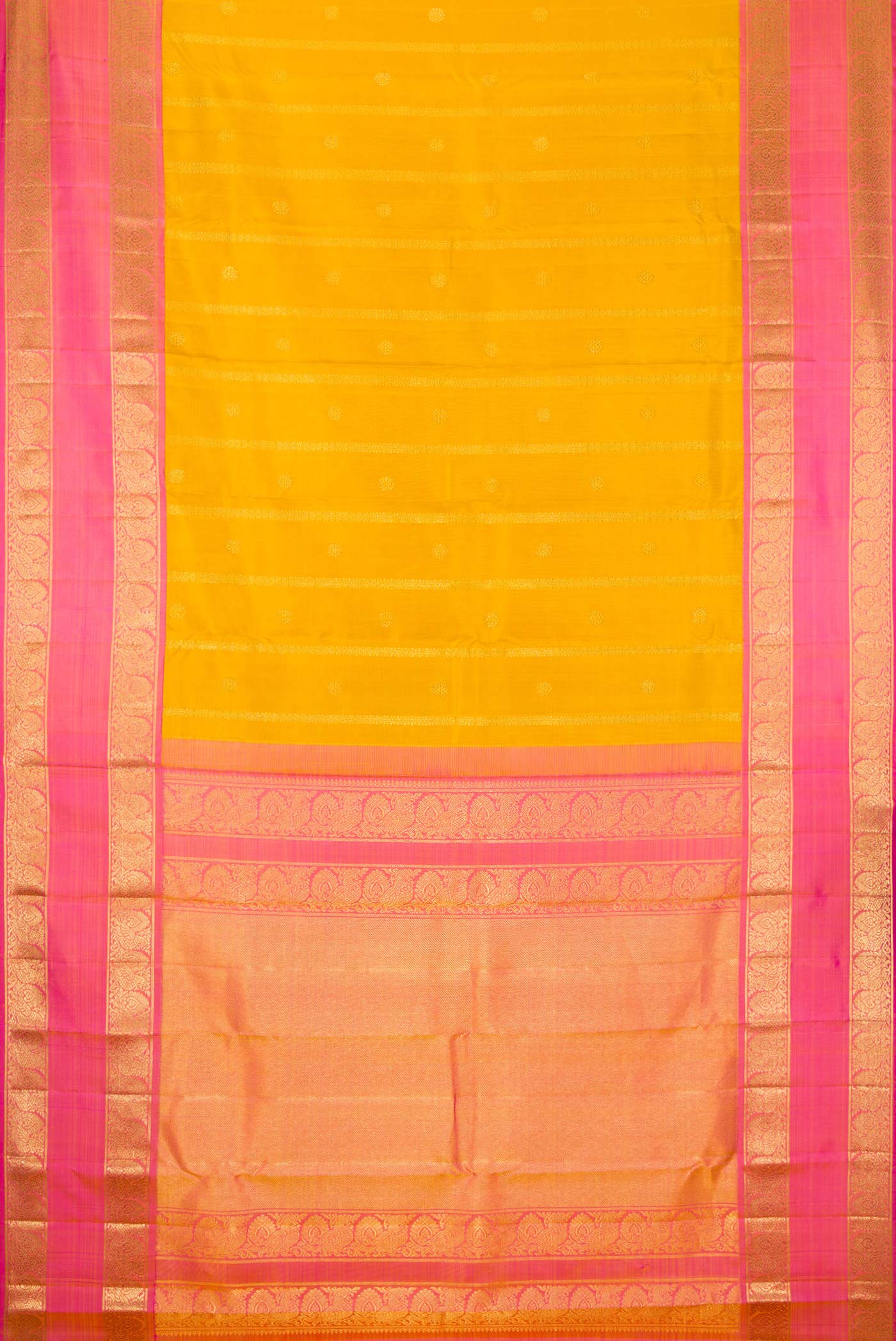 Flat view of Mustard Dual Tone Kanchipuram Silk Saree with Stripes on the body and Zari Border. 
