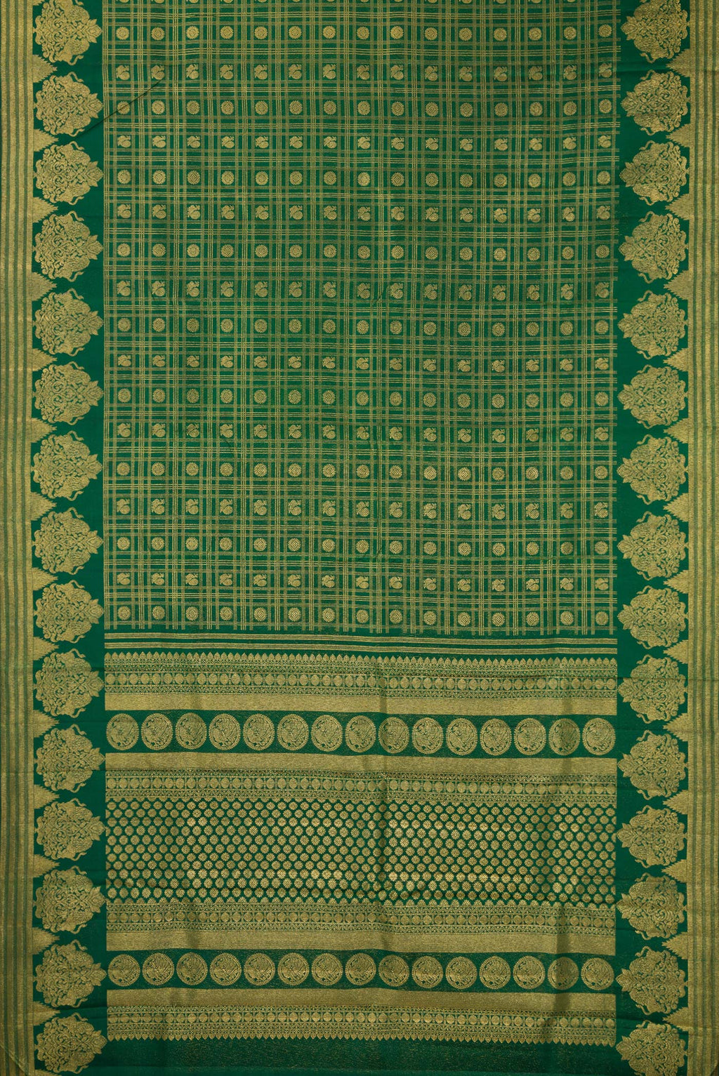 Flat view of Pure Silk Bottle Green Kanchipuram Saree with Zari Brocade on the body and Fancy Border. 