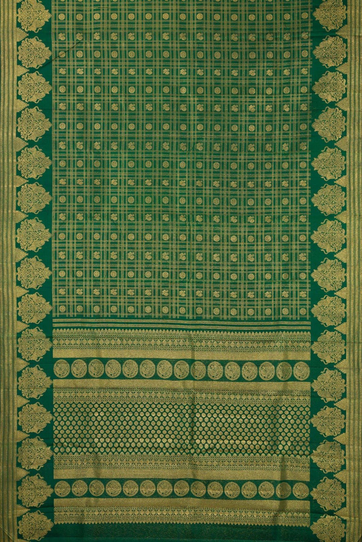 Flat view of Pure Silk Bottle Green Kanchipuram Saree with Zari Brocade on the body and Fancy Border. 