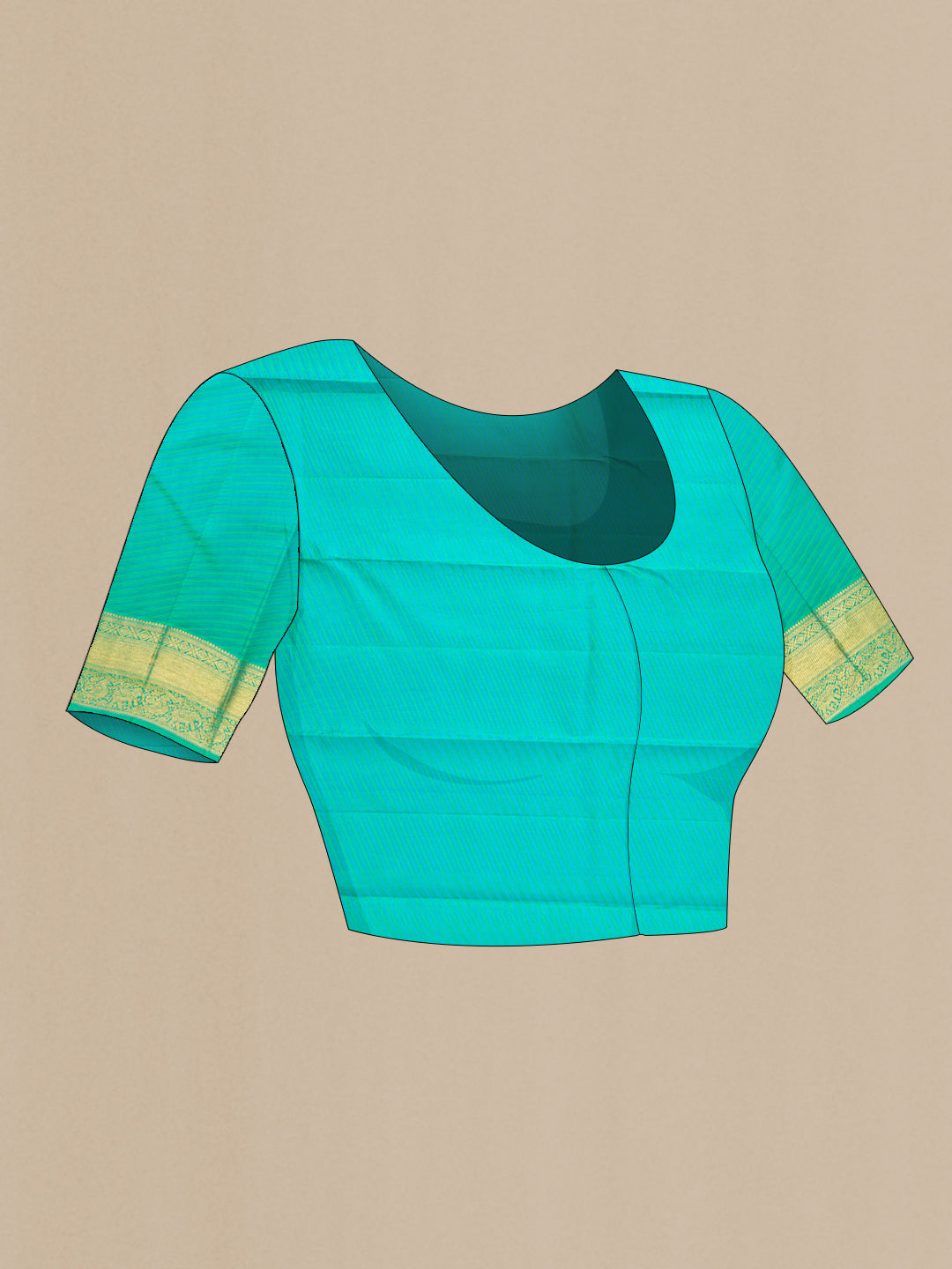 Close up image of the blouse of Pure Silk Pure Zari Sea Green Dual Tone Kanjivaram Saree with Zari Butta on the body and Zari Border. 