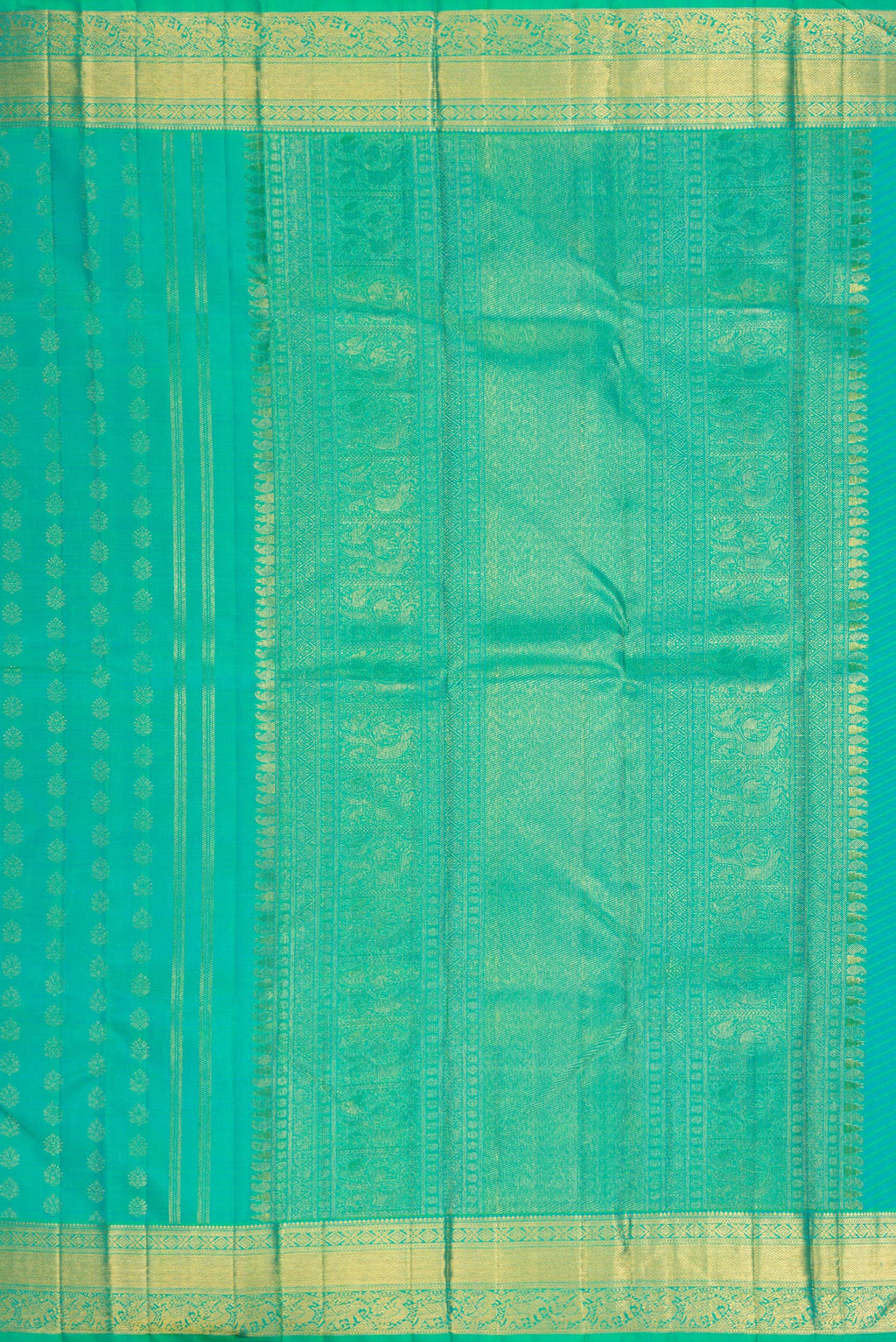 Close up image of the pallu of Pure Silk Pure Zari Sea Green Dual Tone Kanjivaram Saree with Zari Butta on the body and Zari Border. 