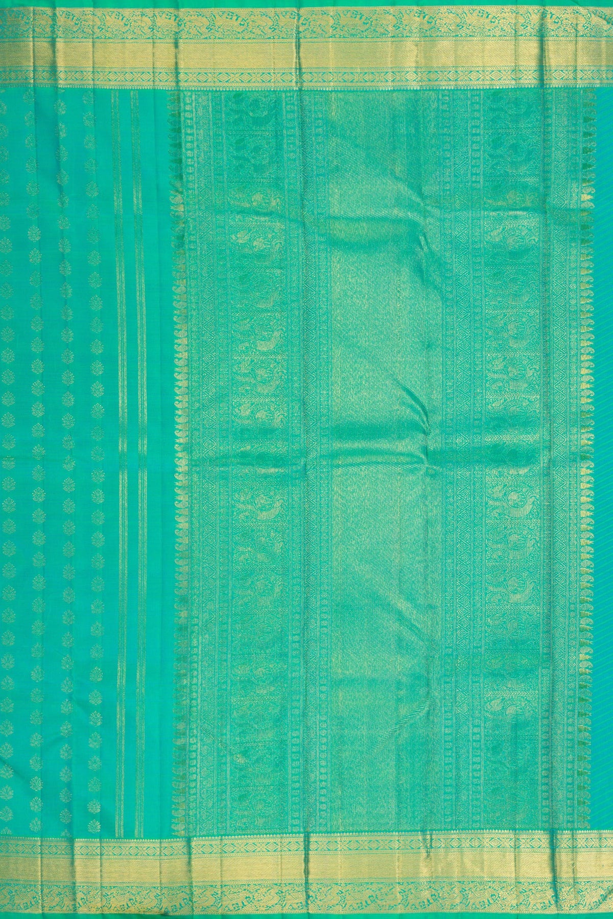 Close up image of the pallu of Pure Silk Pure Zari Sea Green Dual Tone Kanjivaram Saree with Zari Butta on the body and Zari Border. 