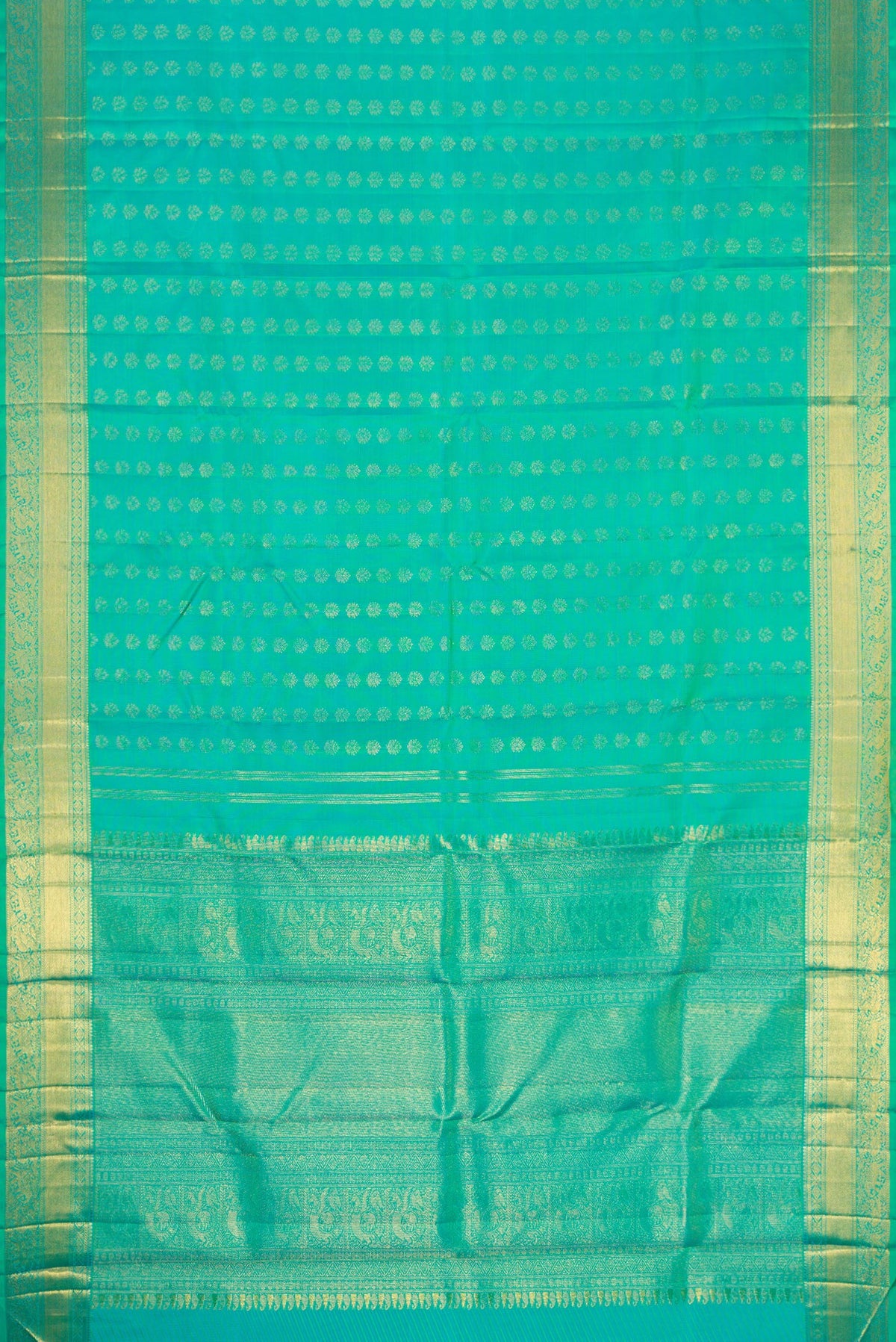 Flat view of Pure Silk Pure Zari Sea Green Dual Tone Kanjivaram Saree with Zari Butta on the body and Zari Border. 
