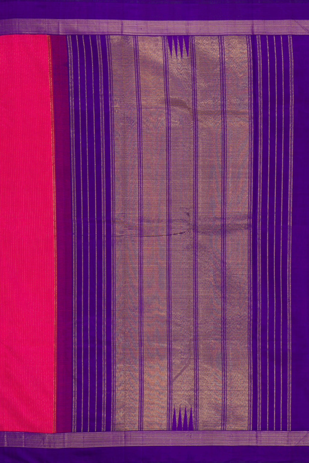 Close up image of the pallu of Dark Pink Kanjivaram Silk Saree with Stripes on the body and Zari Border. 