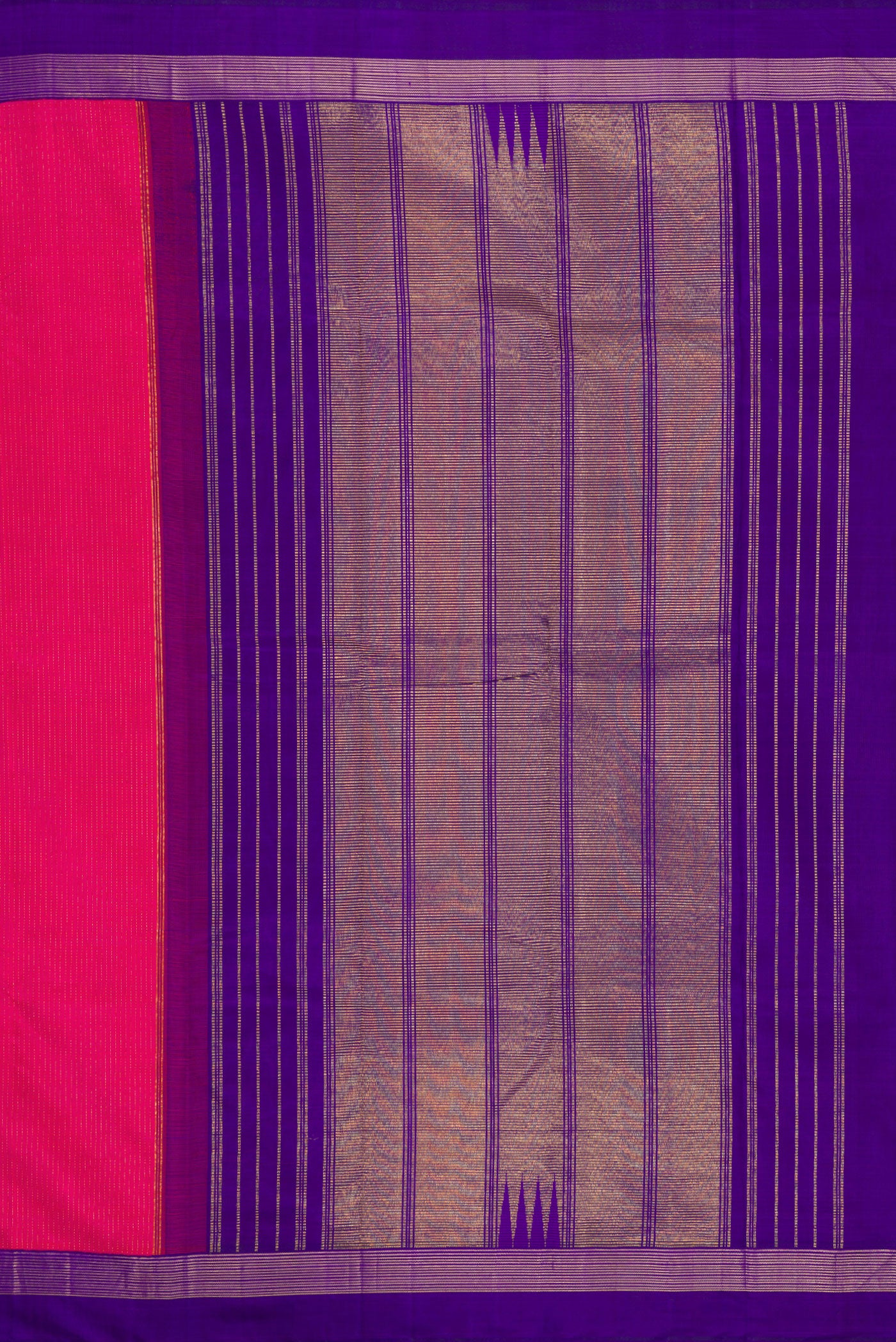 Close up image of the pallu of Dark Pink Kanjivaram Silk Saree with Stripes on the body and Zari Border. 