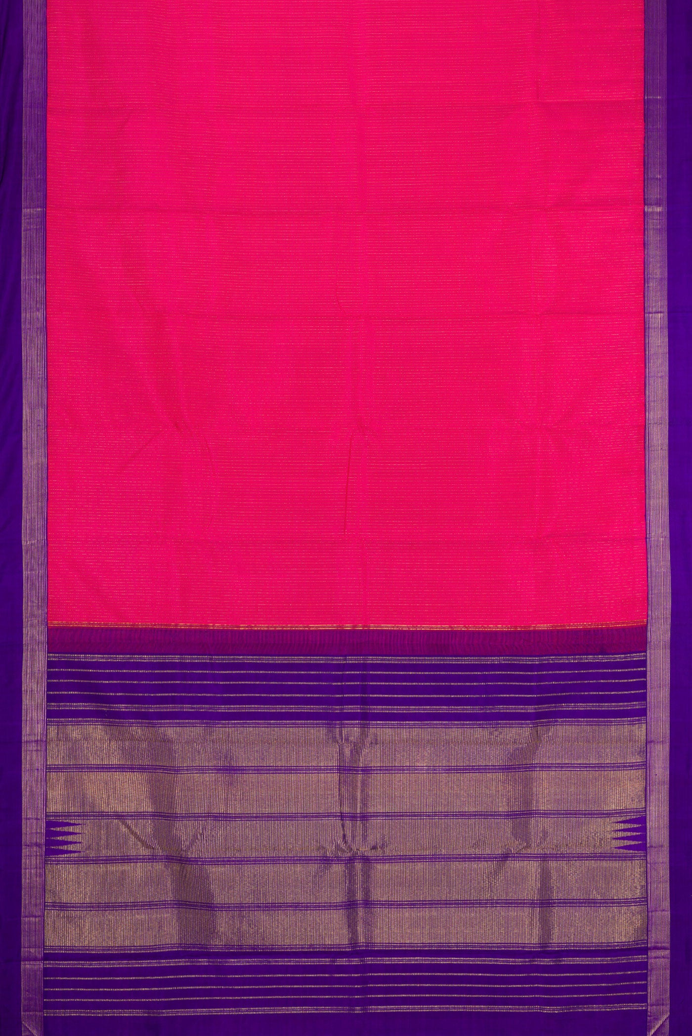 Flat view of Dark Pink Kanjivaram Silk Saree with Stripes on the body and Zari Border. 