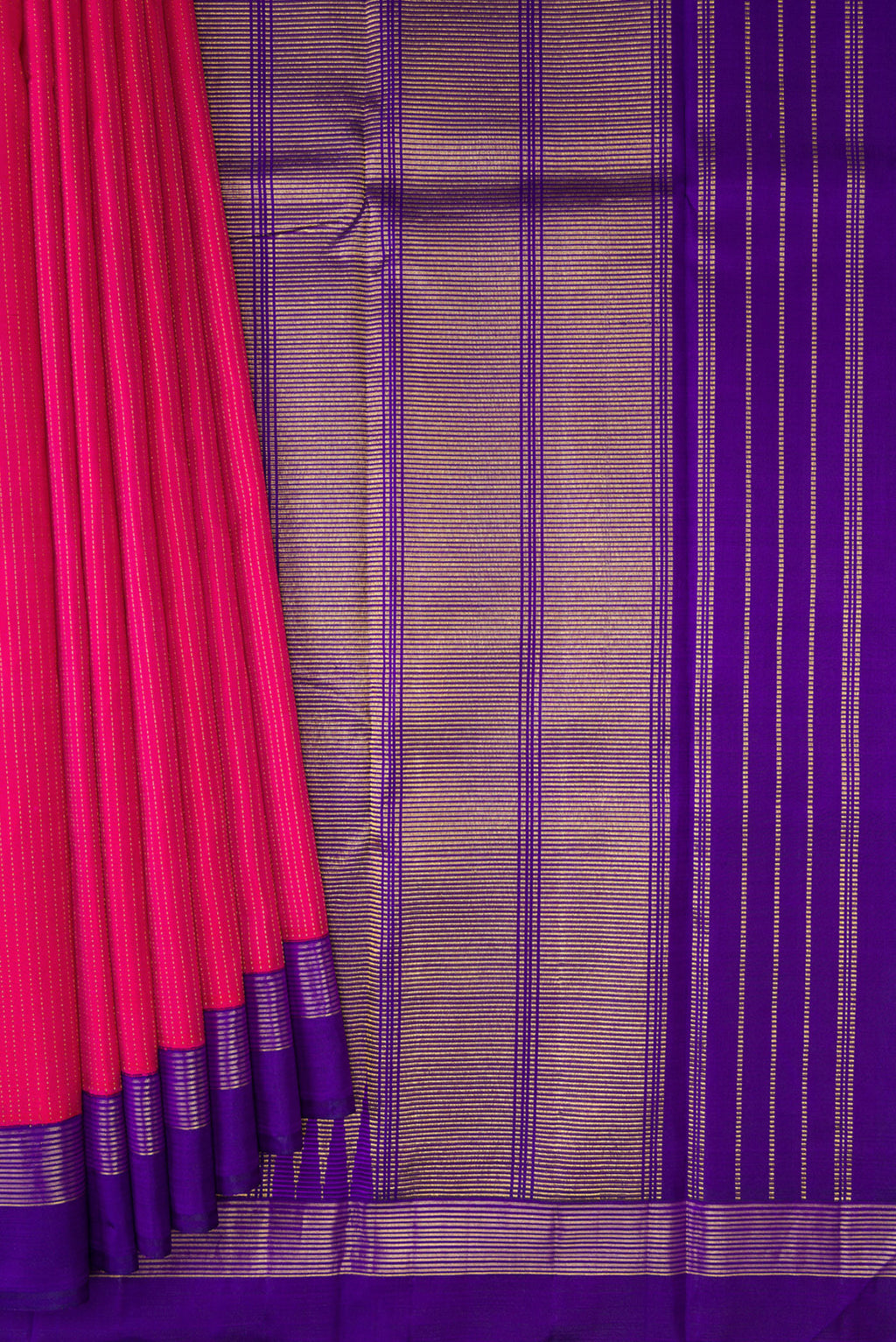 Pleats and pallu of Dark Pink Kanjivaram Silk Saree with Stripes on the body and Zari Border. 