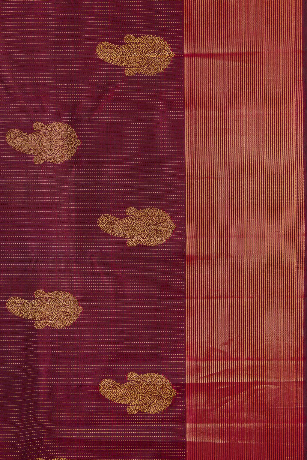 Border image of Pure Silk Pure Zari Maroon Dual Tone Kanjivaram Saree with Stripes on the body and Zari Border. 