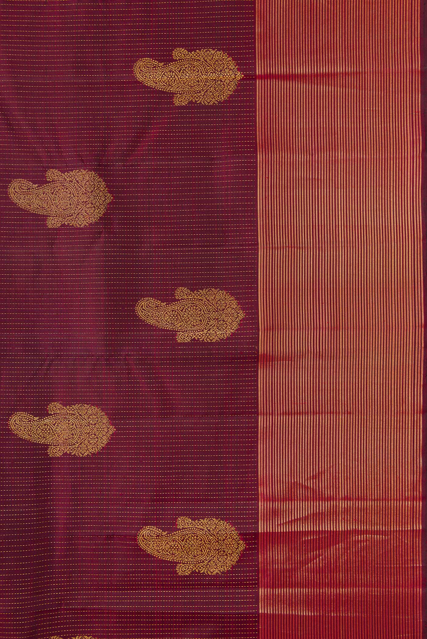 Border image of Pure Silk Pure Zari Maroon Dual Tone Kanjivaram Saree with Stripes on the body and Zari Border. 