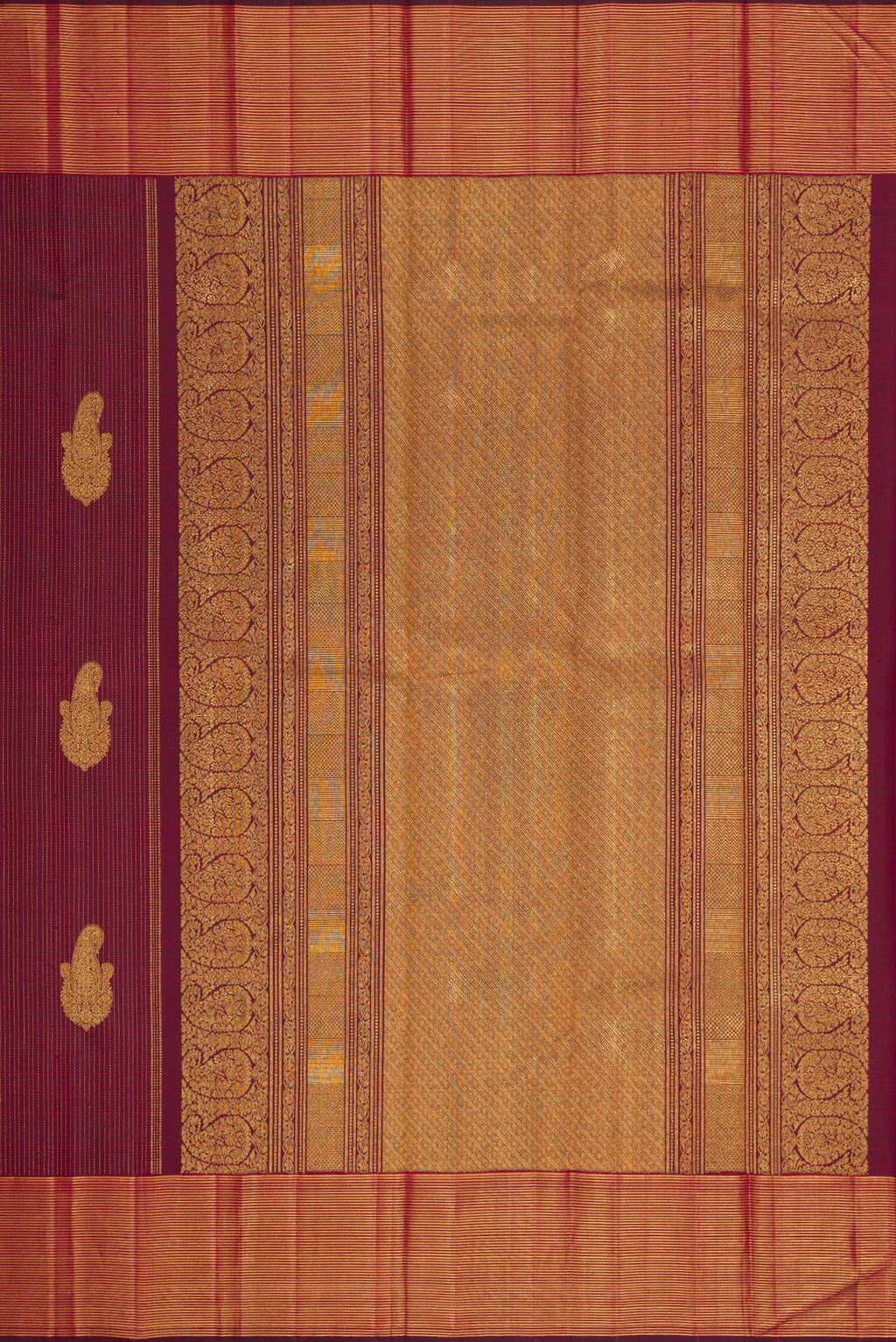 Close up image of the pallu of Pure Silk Pure Zari Maroon Dual Tone Kanjivaram Saree with Stripes on the body and Zari Border. 
