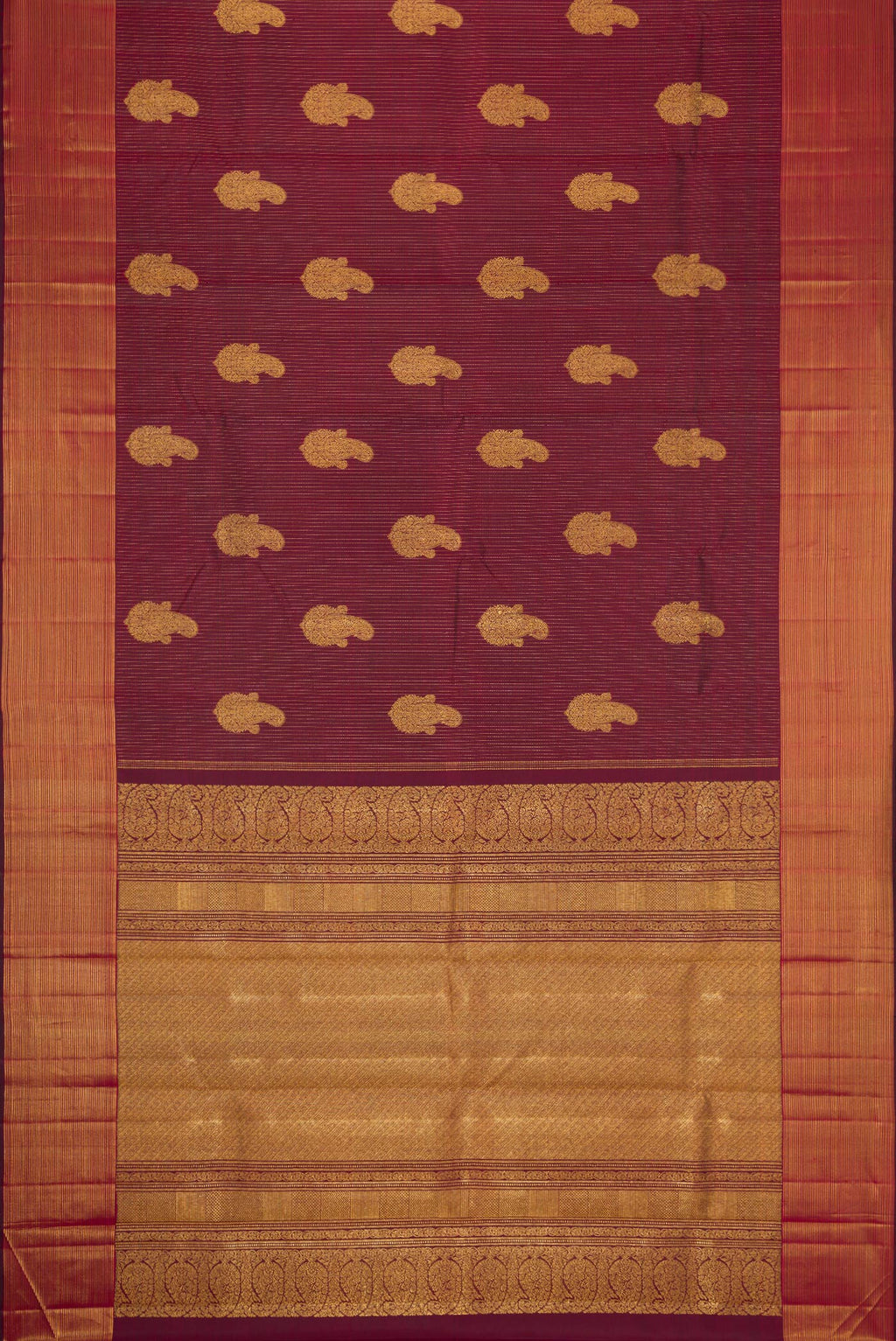 Flat view of Pure Silk Pure Zari Maroon Dual Tone Kanjivaram Saree with Stripes on the body and Zari Border. 