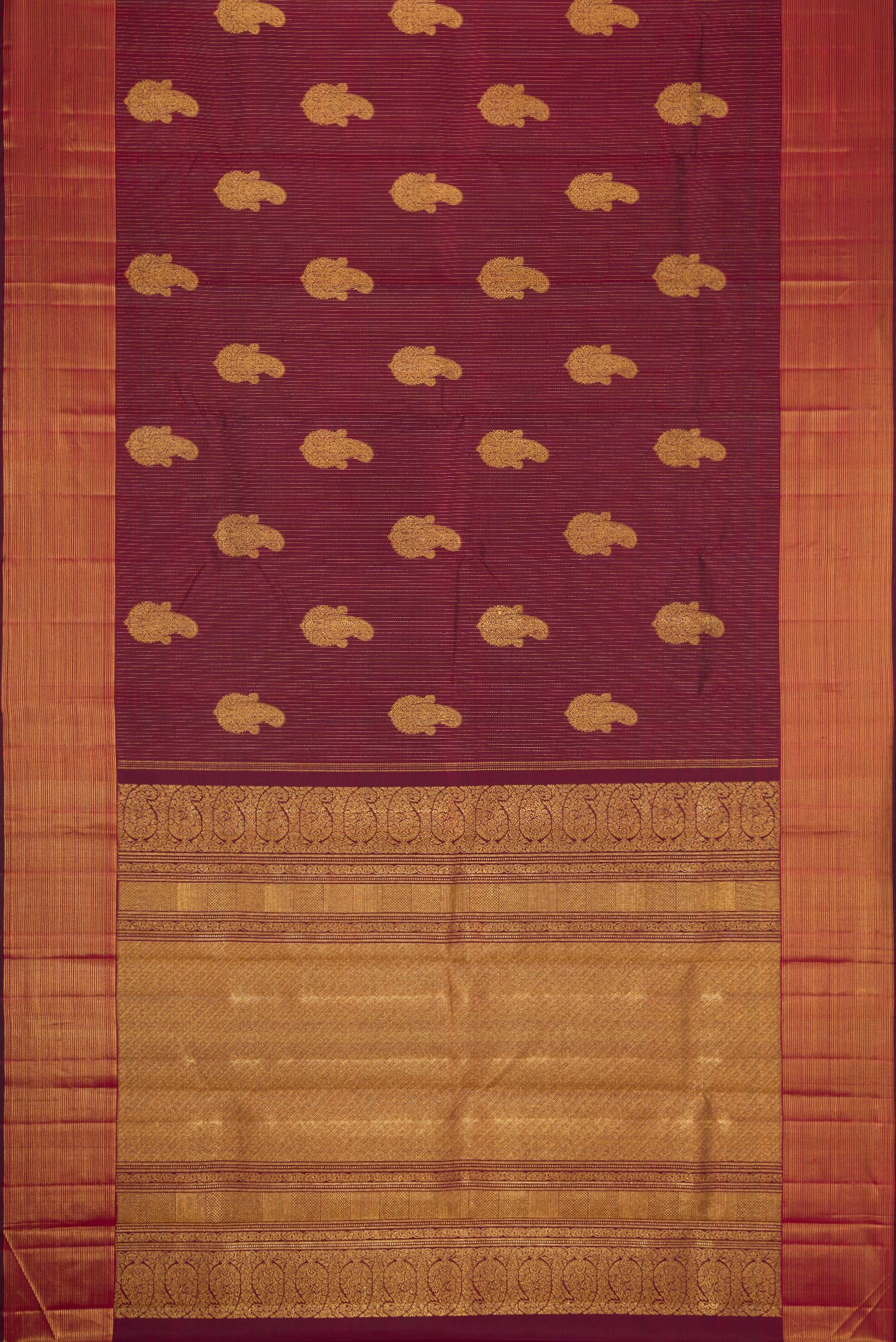 Flat view of Pure Silk Pure Zari Maroon Dual Tone Kanjivaram Saree with Stripes on the body and Zari Border. 