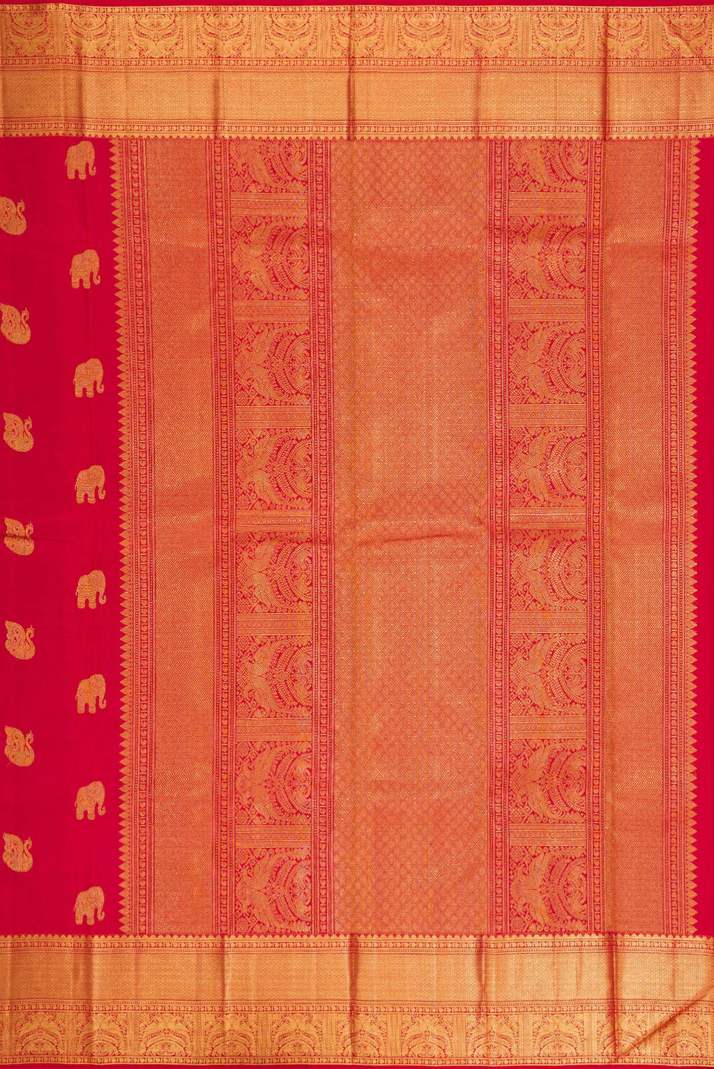 Close up image of the pallu of Pure Silk Pure Zari Red Dual Tone Kanjivaram Saree with Zari Butta on the body and Zari Border. 