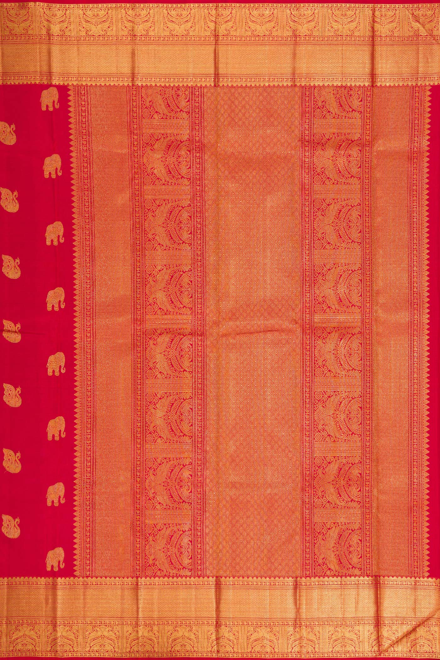 Close up image of the pallu of Pure Silk Pure Zari Red Dual Tone Kanjivaram Saree with Zari Butta on the body and Zari Border. 