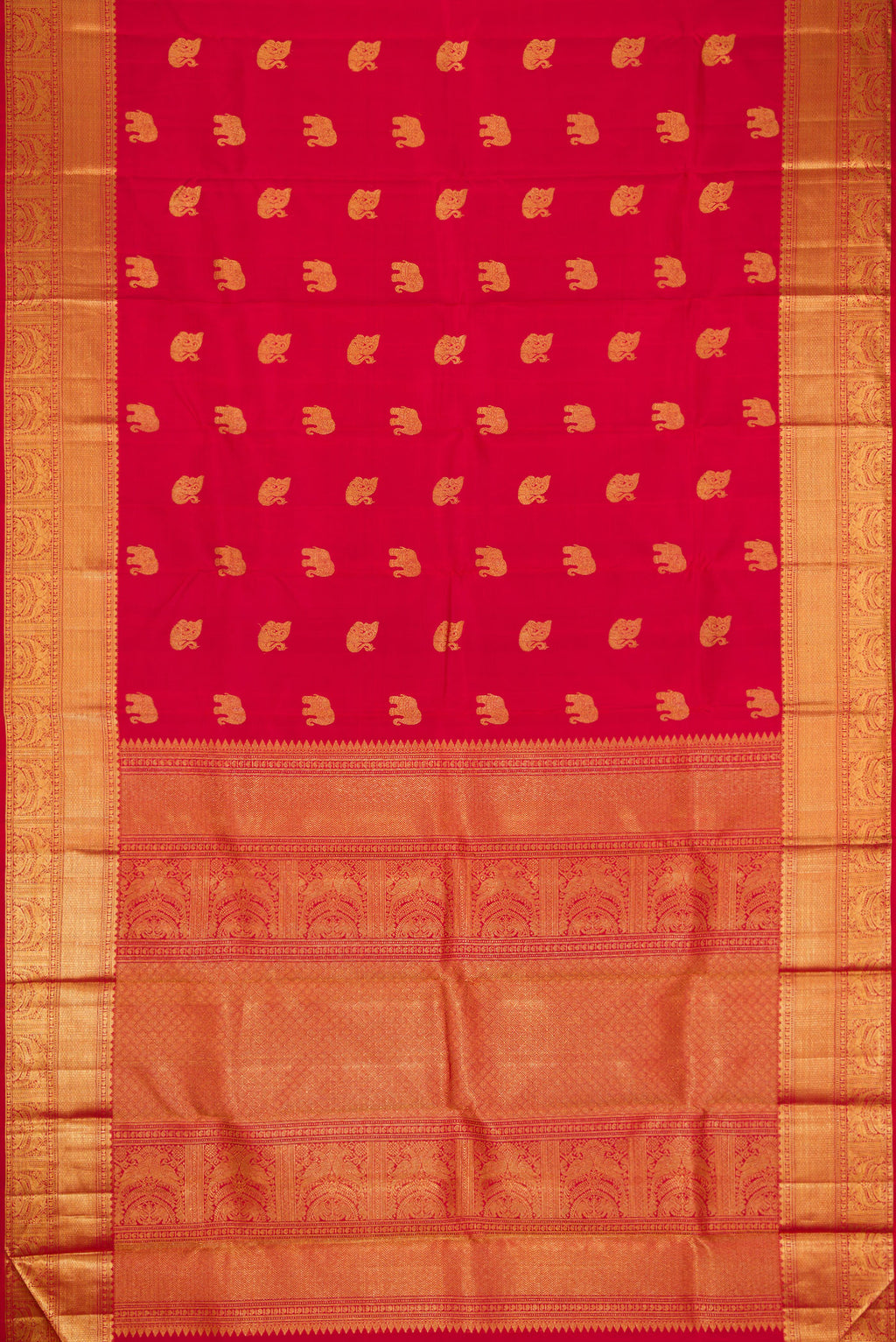 Flat view of Pure Silk Pure Zari Red Dual Tone Kanjivaram Saree with Zari Butta on the body and Zari Border. 