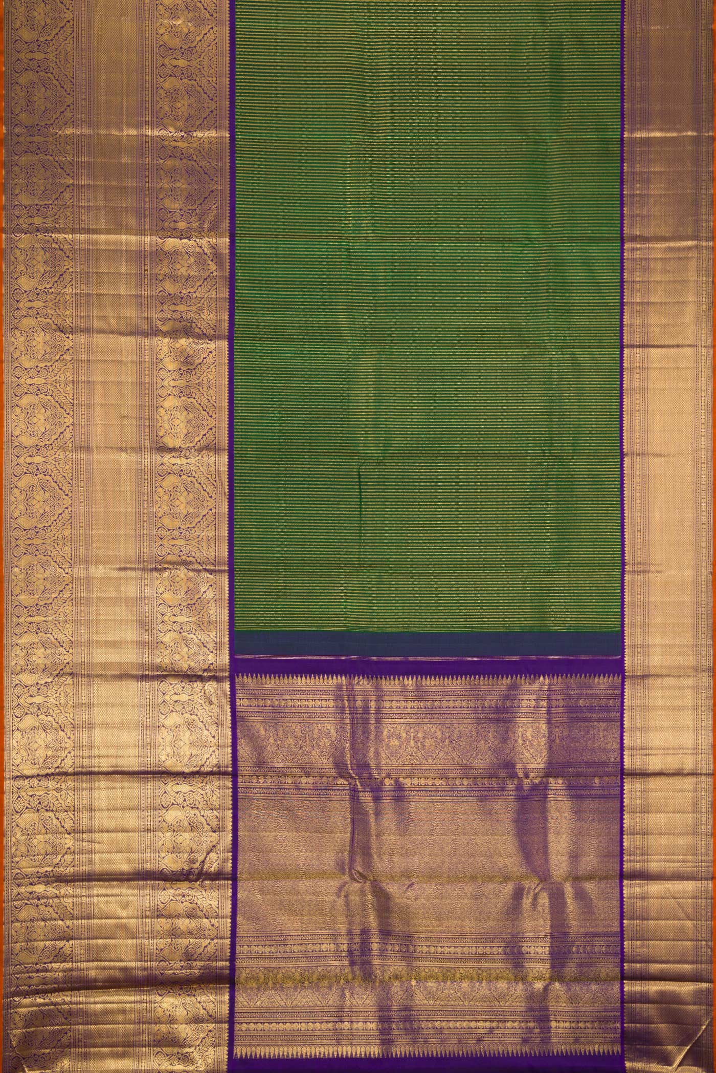 Flat view of Pure Silk Pure Zari Bottle Green Dual Tone Kanchipuram Saree with Stripes on the body and Zari Border. 