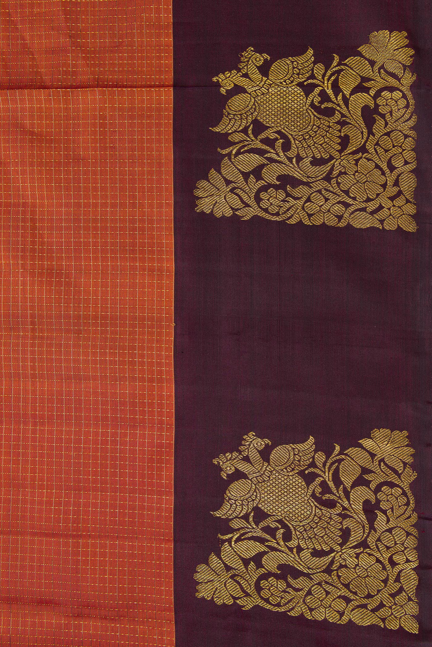 Border image of Brick Orange Dual Tone Kanjivaram Silk Saree with Checked design on the body and Fancy Border. 