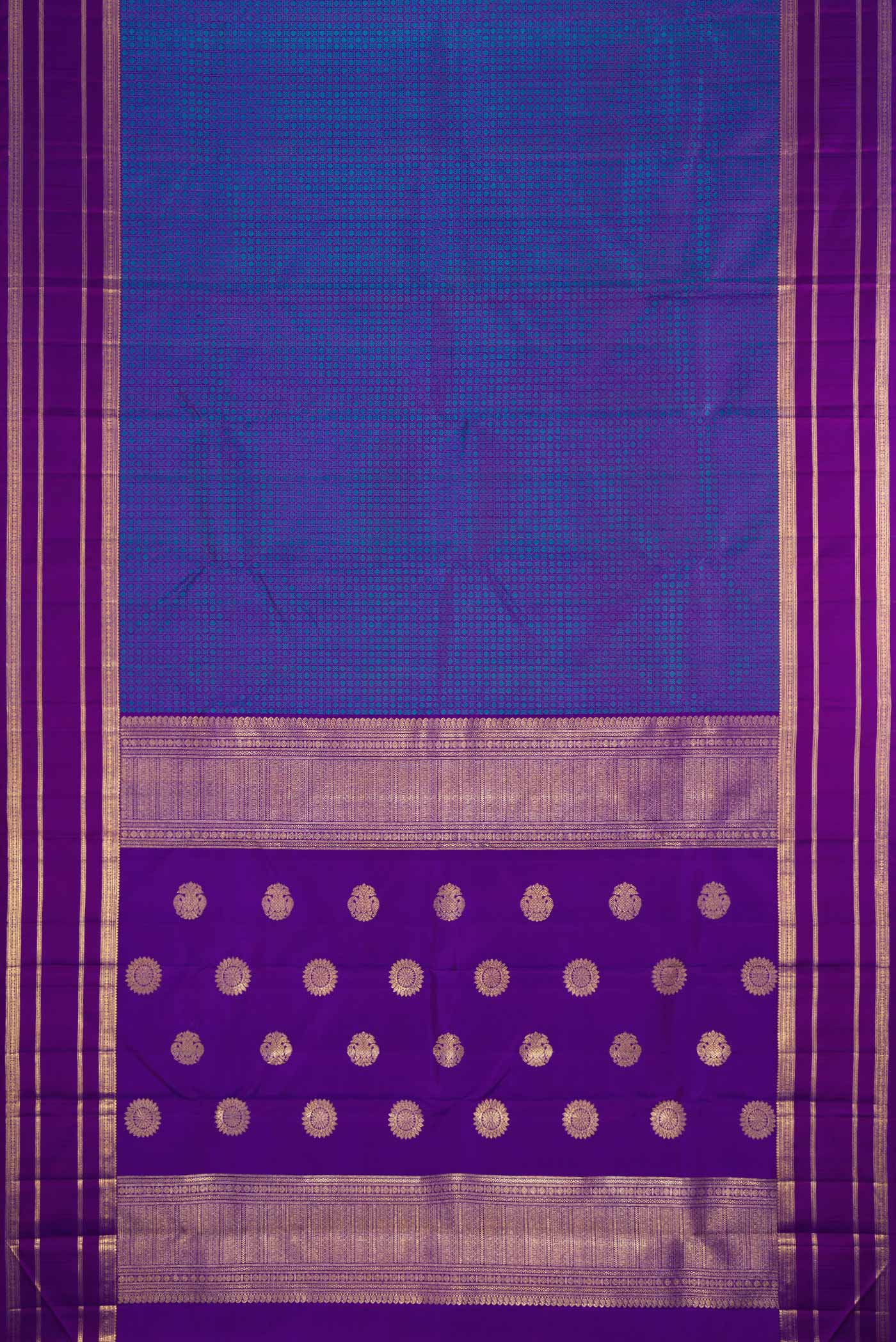 Flat view of Pure Silk Pure Zari Royal Blue Dual Tone Kanjivaram Saree with Jacquard With Zari Butta on the body and Zari Border. 