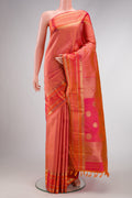 Pure Silk Pure Zari Coral Dual Tone Kanjivaram Saree with Jacquard design on the body and Zari Border.  displayed on a mannequin