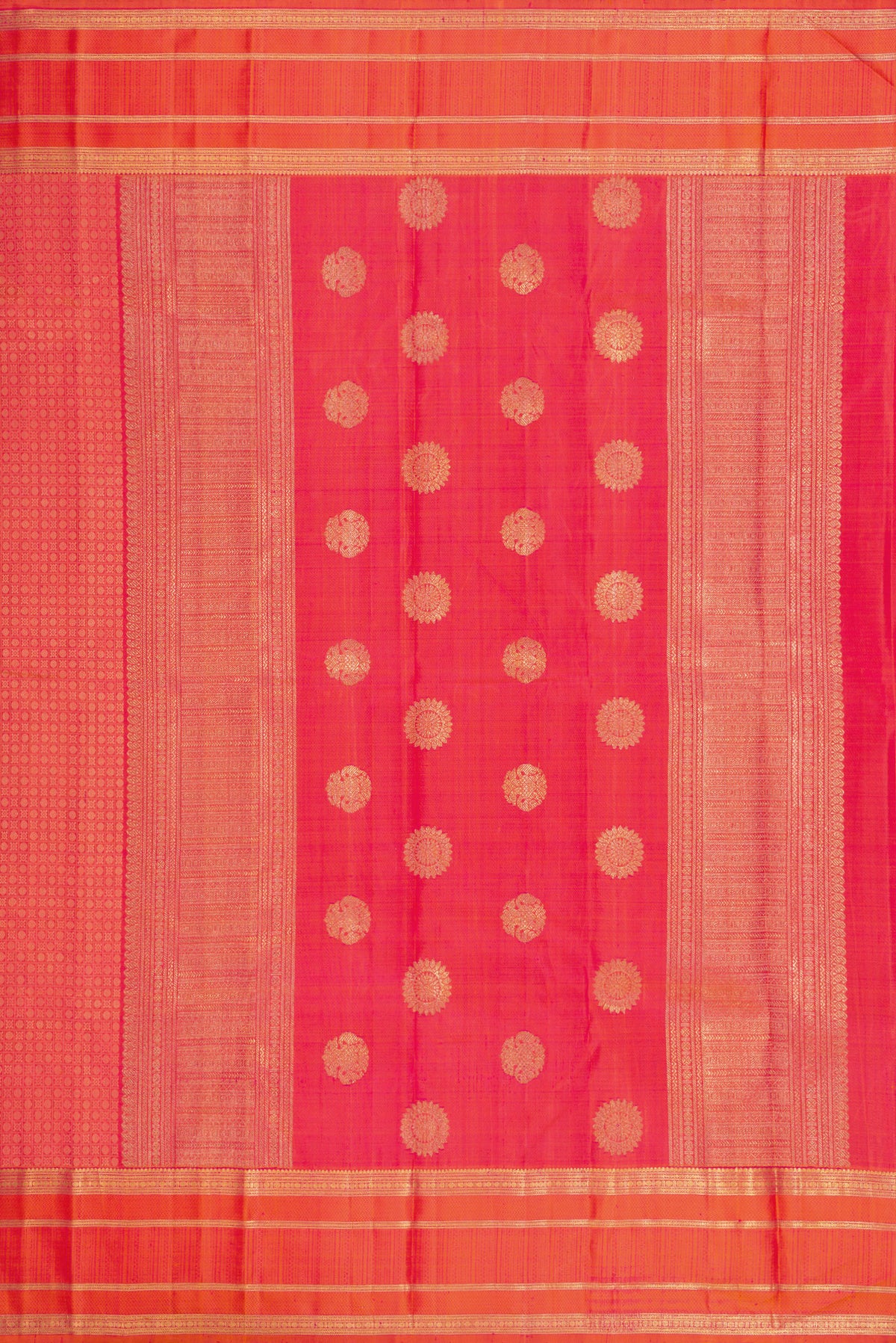 Close up image of the pallu of Pure Silk Pure Zari Coral Dual Tone Kanjivaram Saree with Jacquard design on the body and Zari Border. 