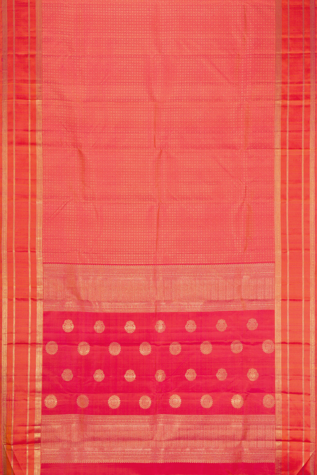 Flat view of Pure Silk Pure Zari Coral Dual Tone Kanjivaram Saree with Jacquard design on the body and Zari Border. 