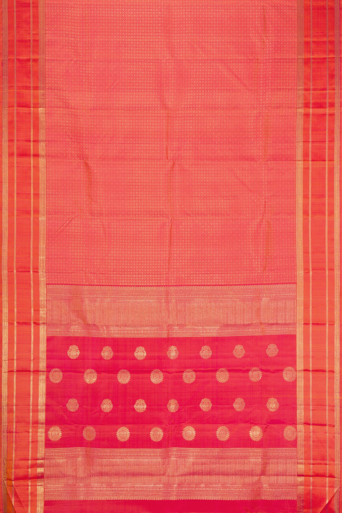Flat view of Pure Silk Pure Zari Coral Dual Tone Kanjivaram Saree with Jacquard design on the body and Zari Border. 