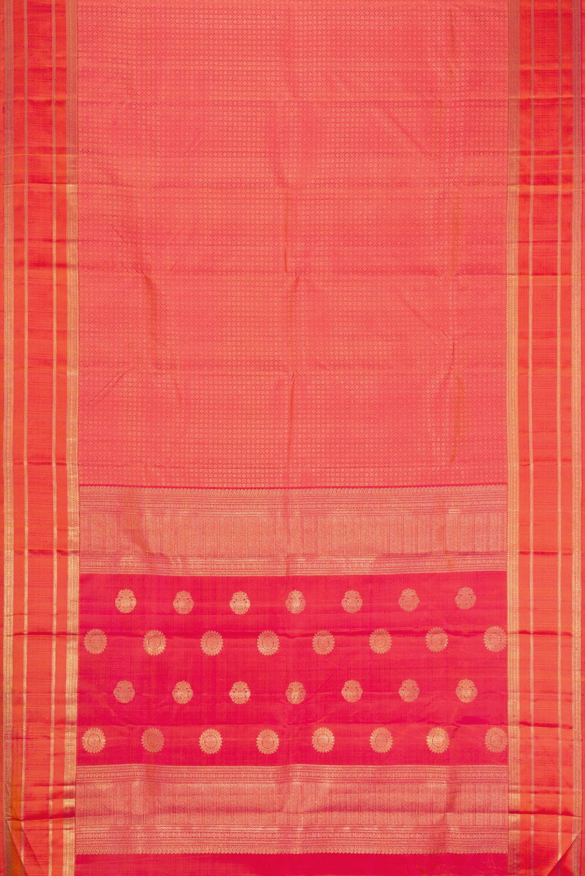 Flat view of Pure Silk Pure Zari Coral Dual Tone Kanjivaram Saree with Jacquard design on the body and Zari Border. 
