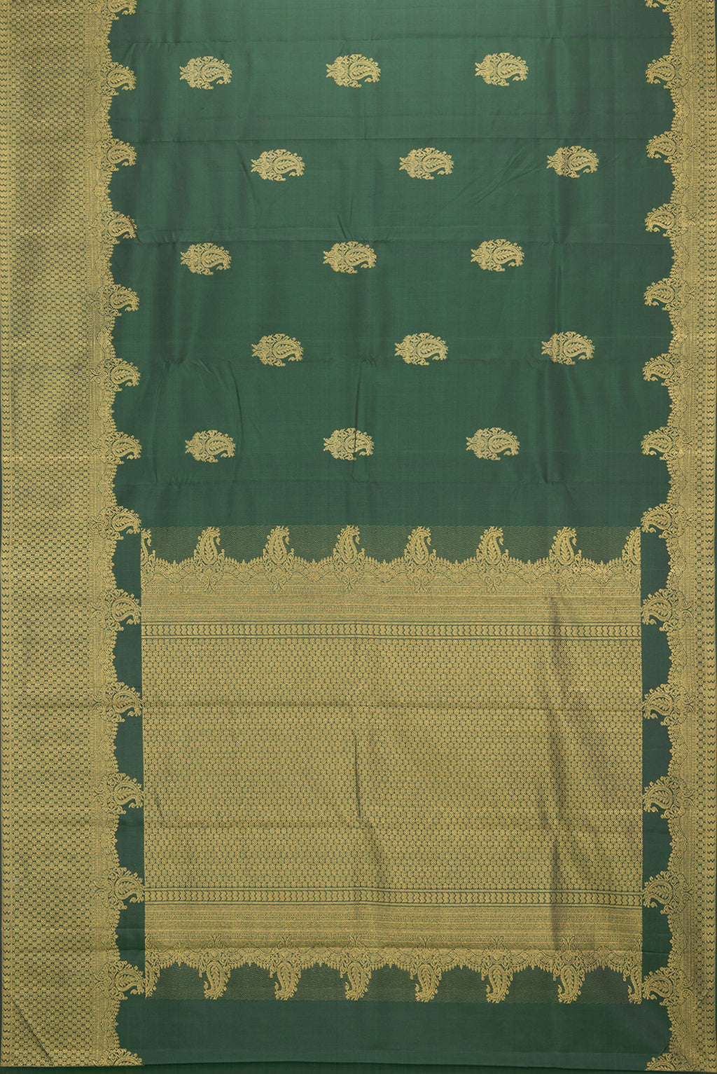 Flat view of Pure Silk Bottle Green Dual Tone Kanjivaram Saree with Zari Butta on the body and Fancy Border. 