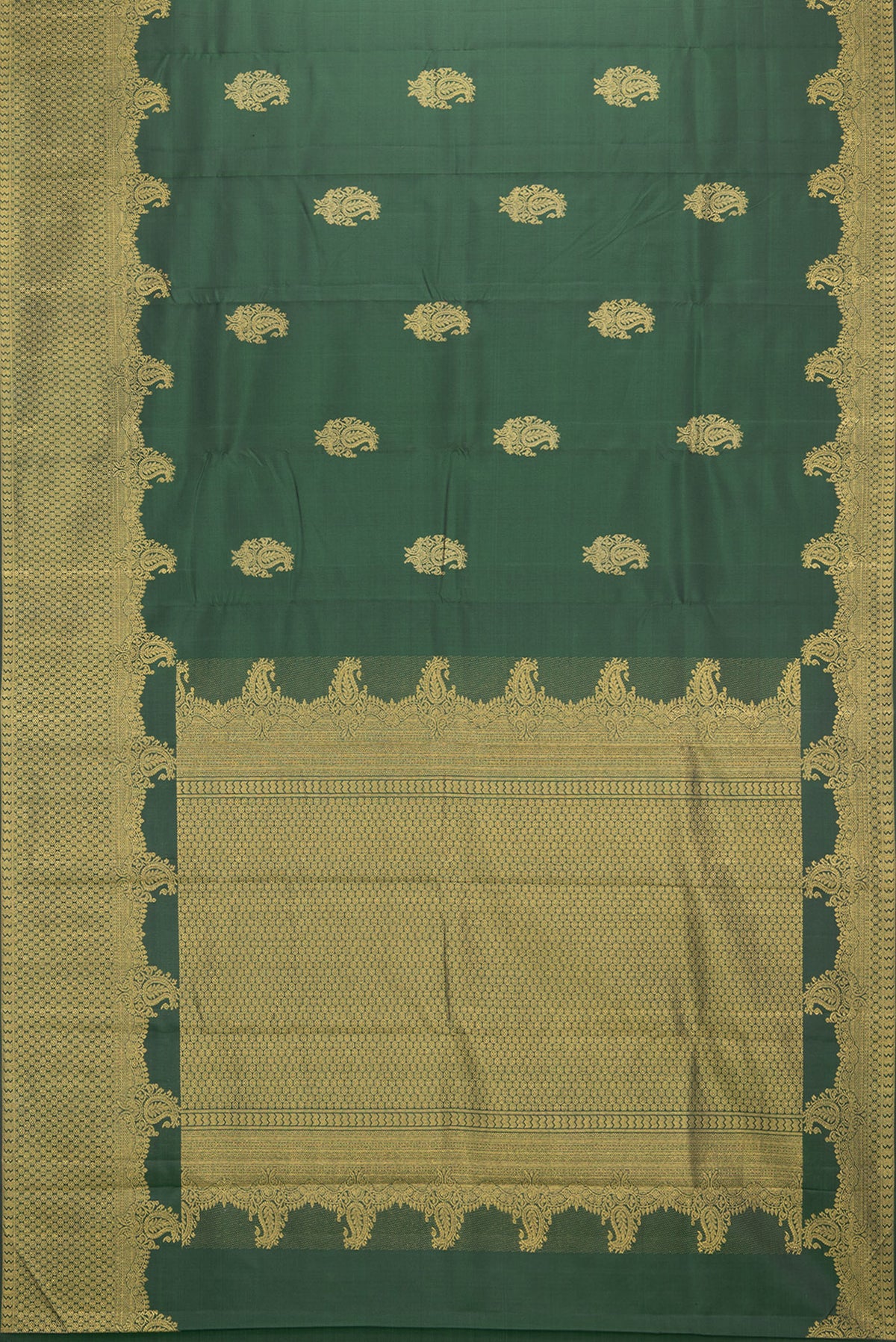 Flat view of Pure Silk Bottle Green Dual Tone Kanjivaram Saree with Zari Butta on the body and Fancy Border. 