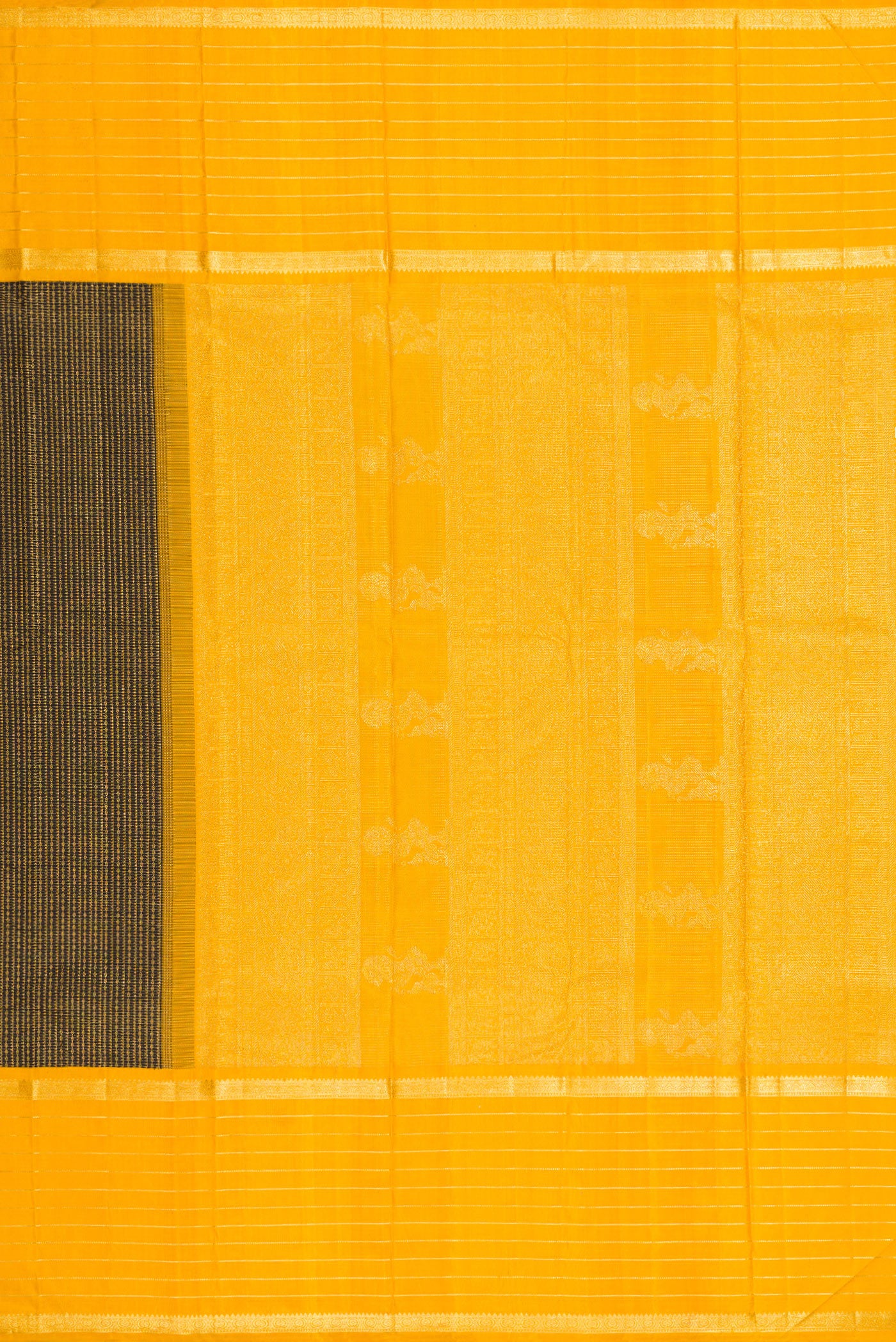Close up image of the pallu of Black Kanchipuram Silk Saree with Zari Brocade on the body and Zari Border. 